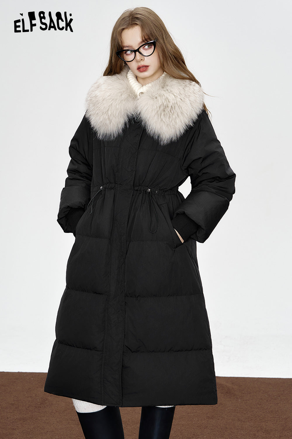 ELFSACK Black mid-length down jacket Fake fur collar waist elegant coat
