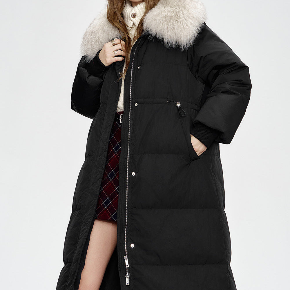 
                  
                    ELFSACK 2024 Winter New Arrivals Black mid-length down jacket for women Fake fur collar waist elegant coat
                  
                