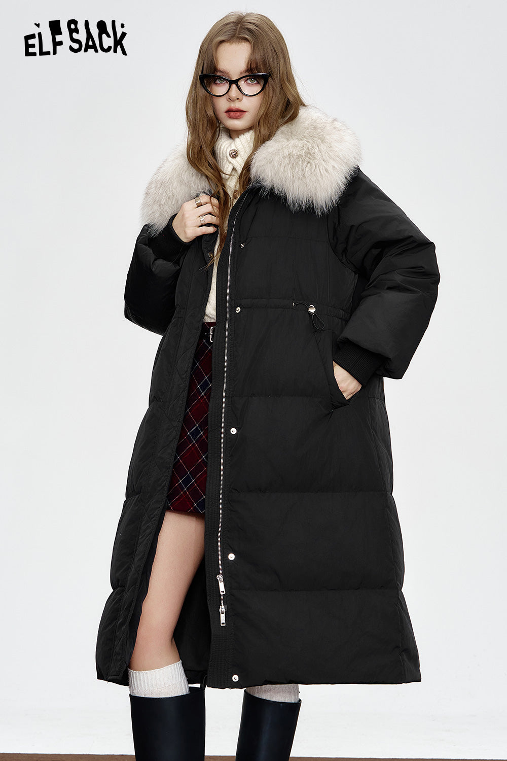 ELFSACK Black mid-length down jacket Fake fur collar waist elegant coat
