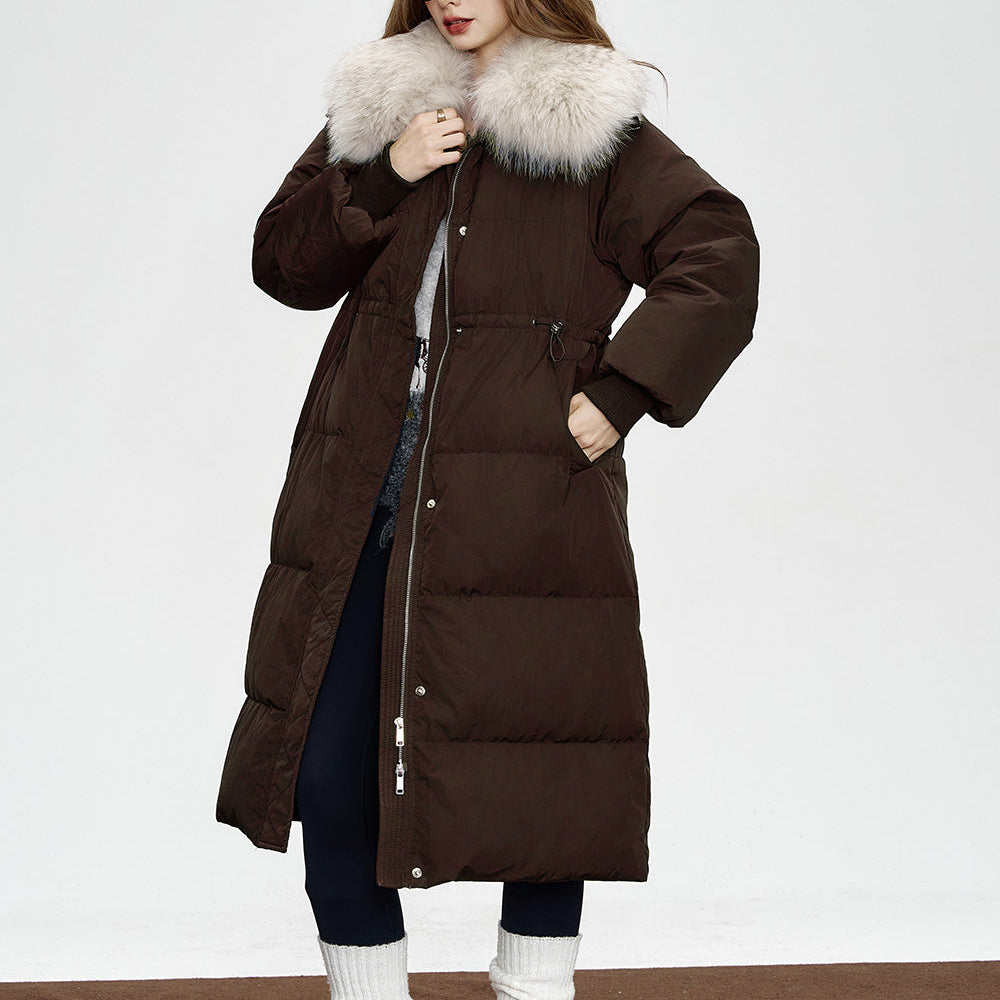 
                  
                    ELFSACK 2024 Winter New Arrivals Black mid-length down jacket for women Fake fur collar waist elegant coat
                  
                