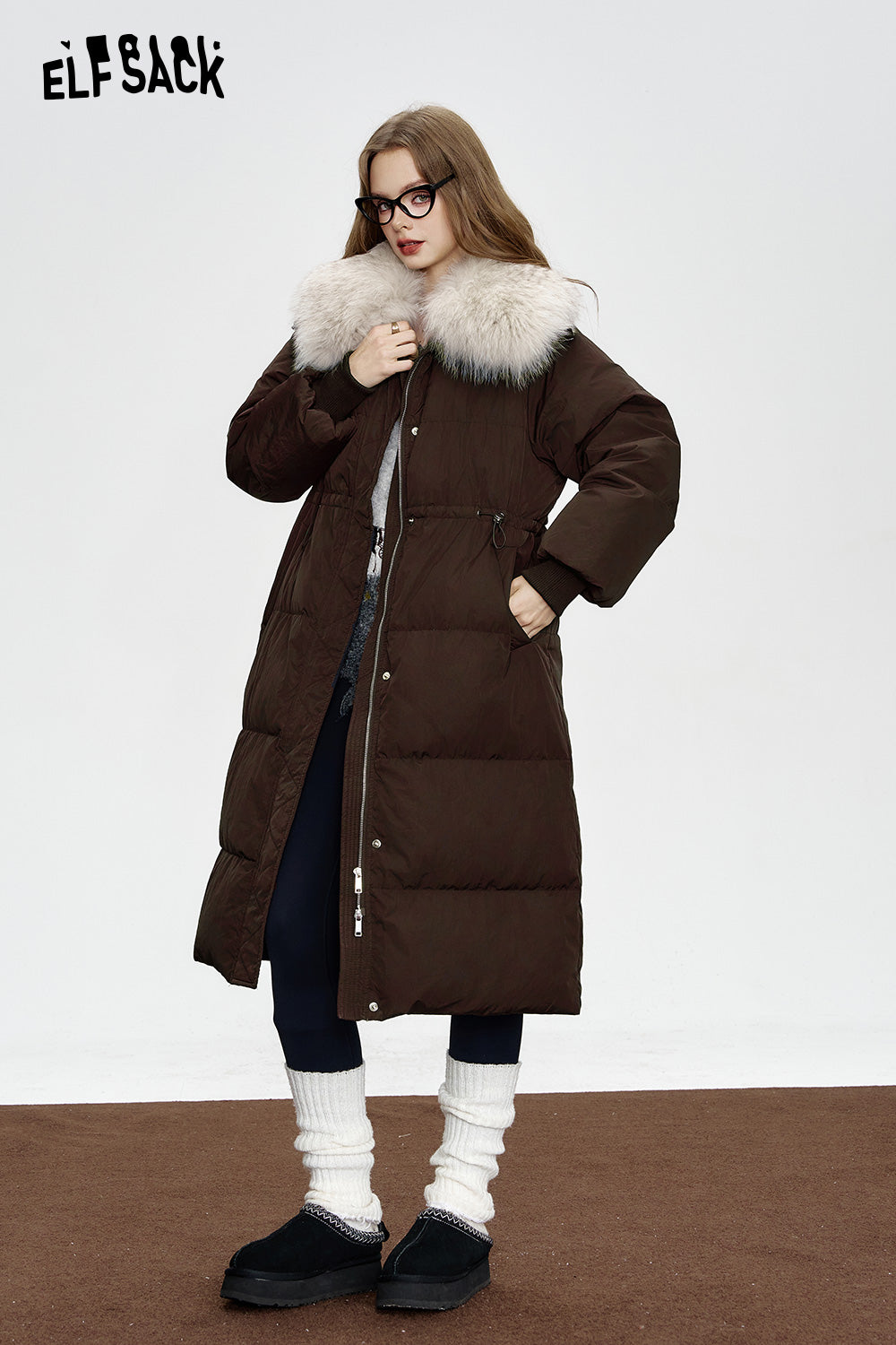 ELFSACK Black mid-length down jacket Fake fur collar waist elegant coat