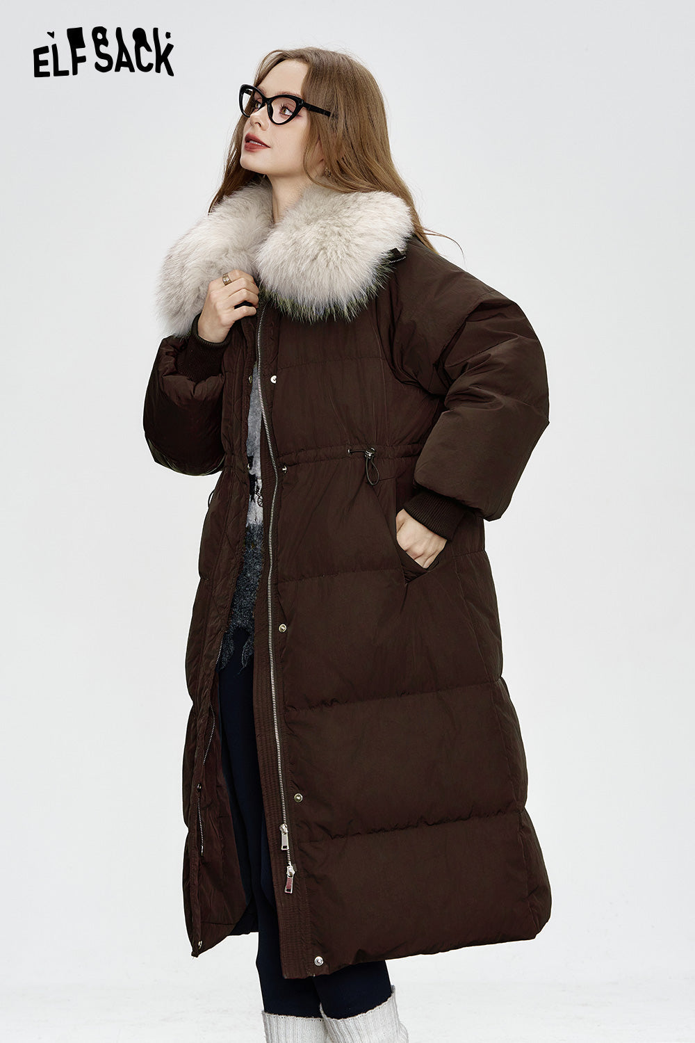 ELFSACK Black mid-length down jacket Fake fur collar waist elegant coat