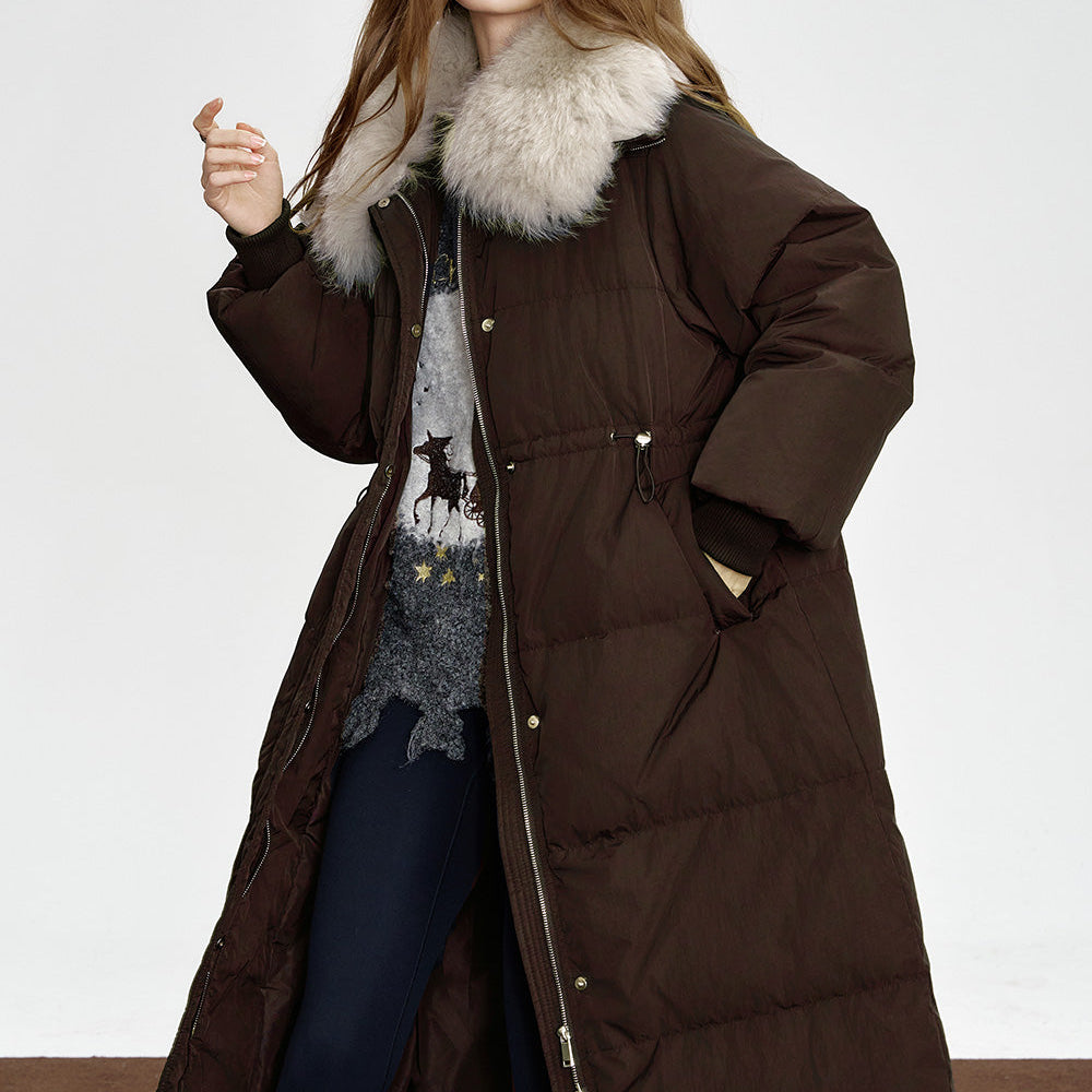 
                  
                    ELFSACK 2024 Winter New Arrivals Black mid-length down jacket for women Fake fur collar waist elegant coat
                  
                