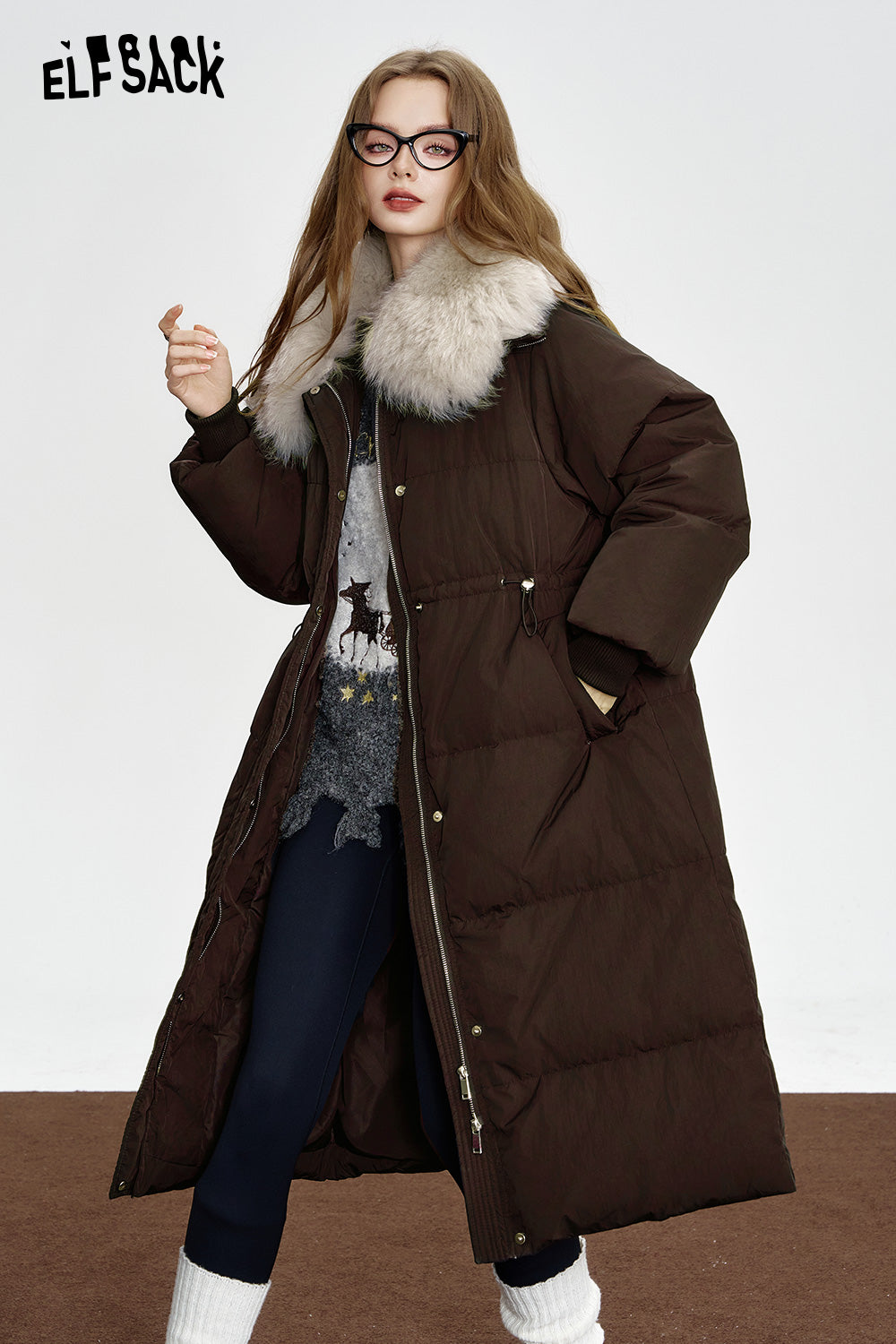 ELFSACK Black mid-length down jacket Fake fur collar waist elegant coat