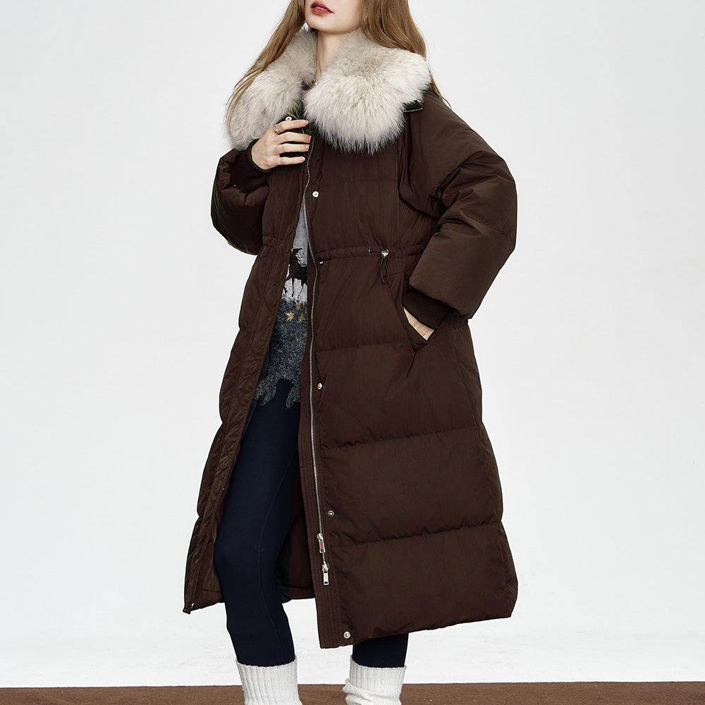 
                  
                    ELFSACK 2024 Winter New Arrivals Black mid-length down jacket for women Fake fur collar waist elegant coat
                  
                