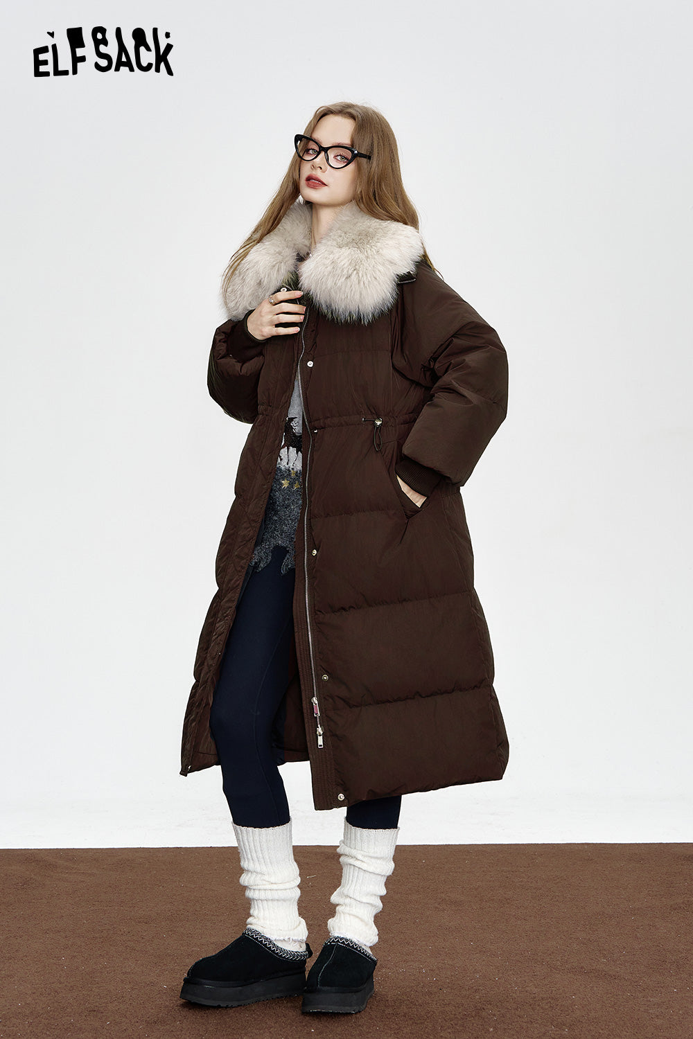 ELFSACK Black mid-length down jacket Fake fur collar waist elegant coat