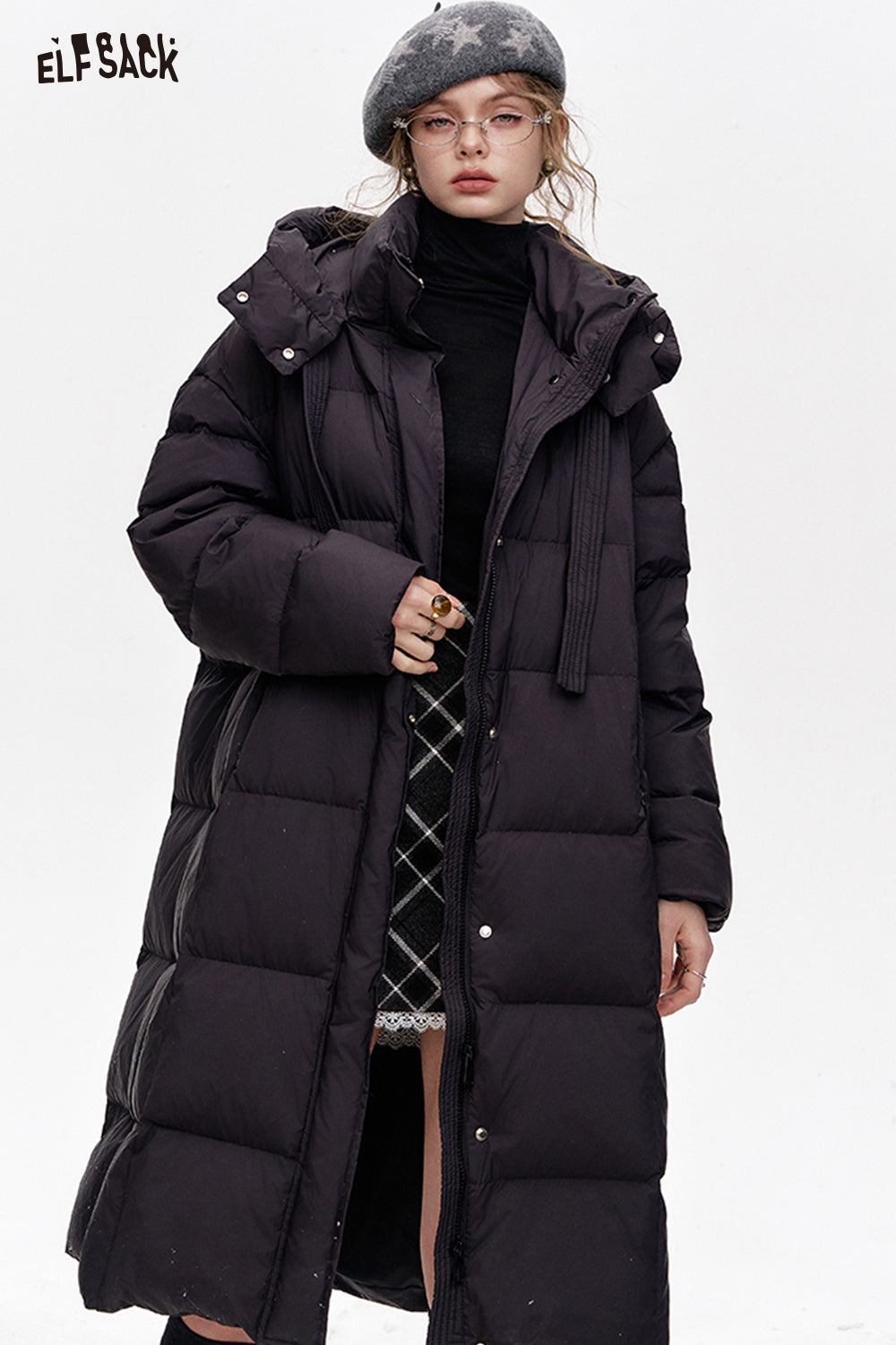 ELFSACK Simple and versatile hooded long loose down jacket