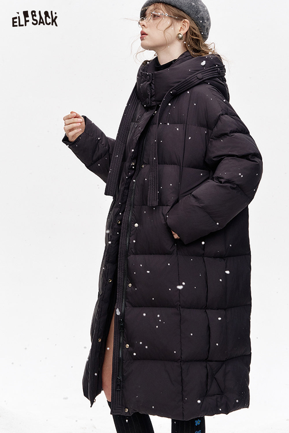 ELFSACK Simple and versatile hooded long loose down jacket