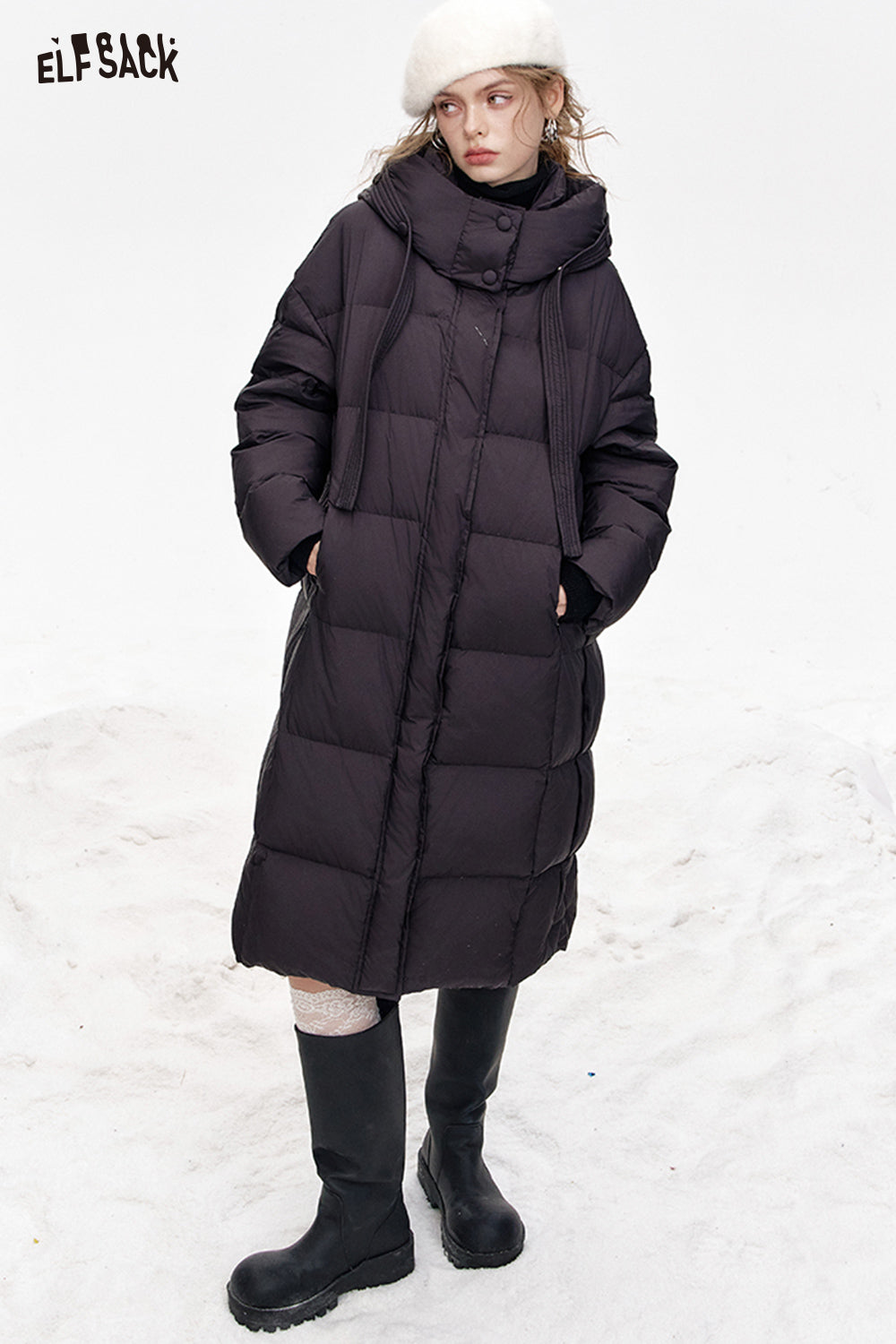 ELFSACK Simple and versatile hooded long loose down jacket