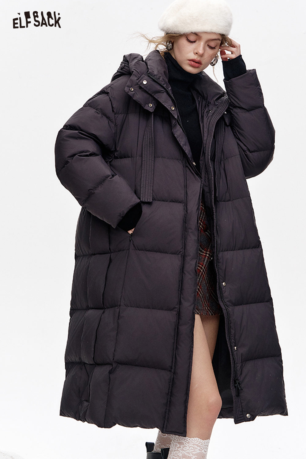 ELFSACK Simple and versatile hooded long loose down jacket