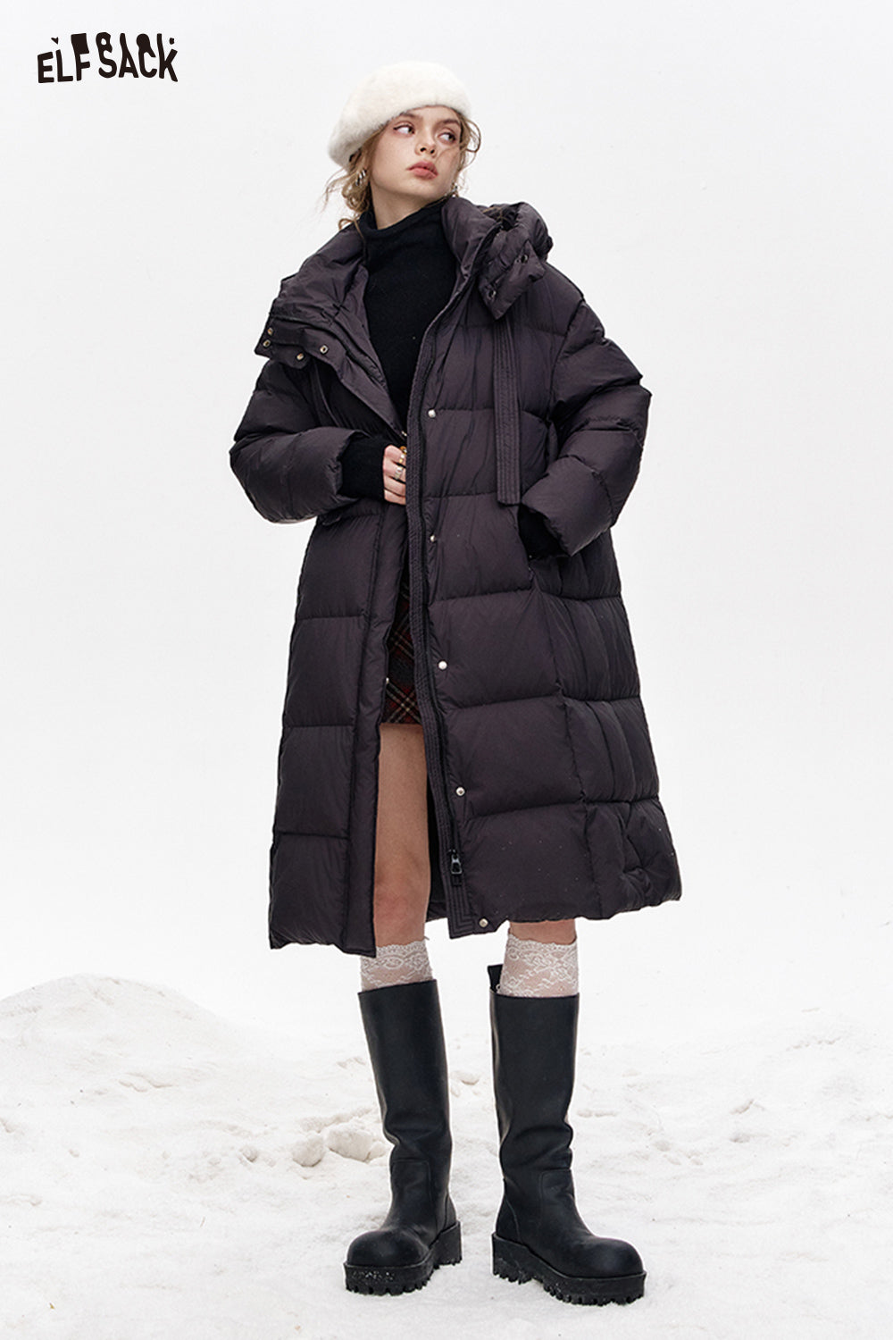 ELFSACK Simple and versatile hooded long loose down jacket