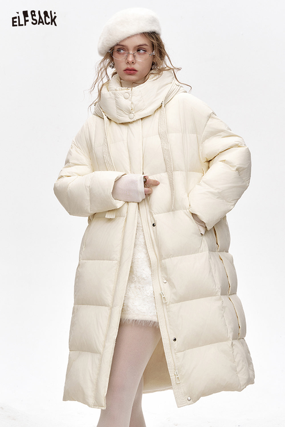 ELFSACK 2024 Winter New Arrivals Simple and versatile hooded long loose down jacket