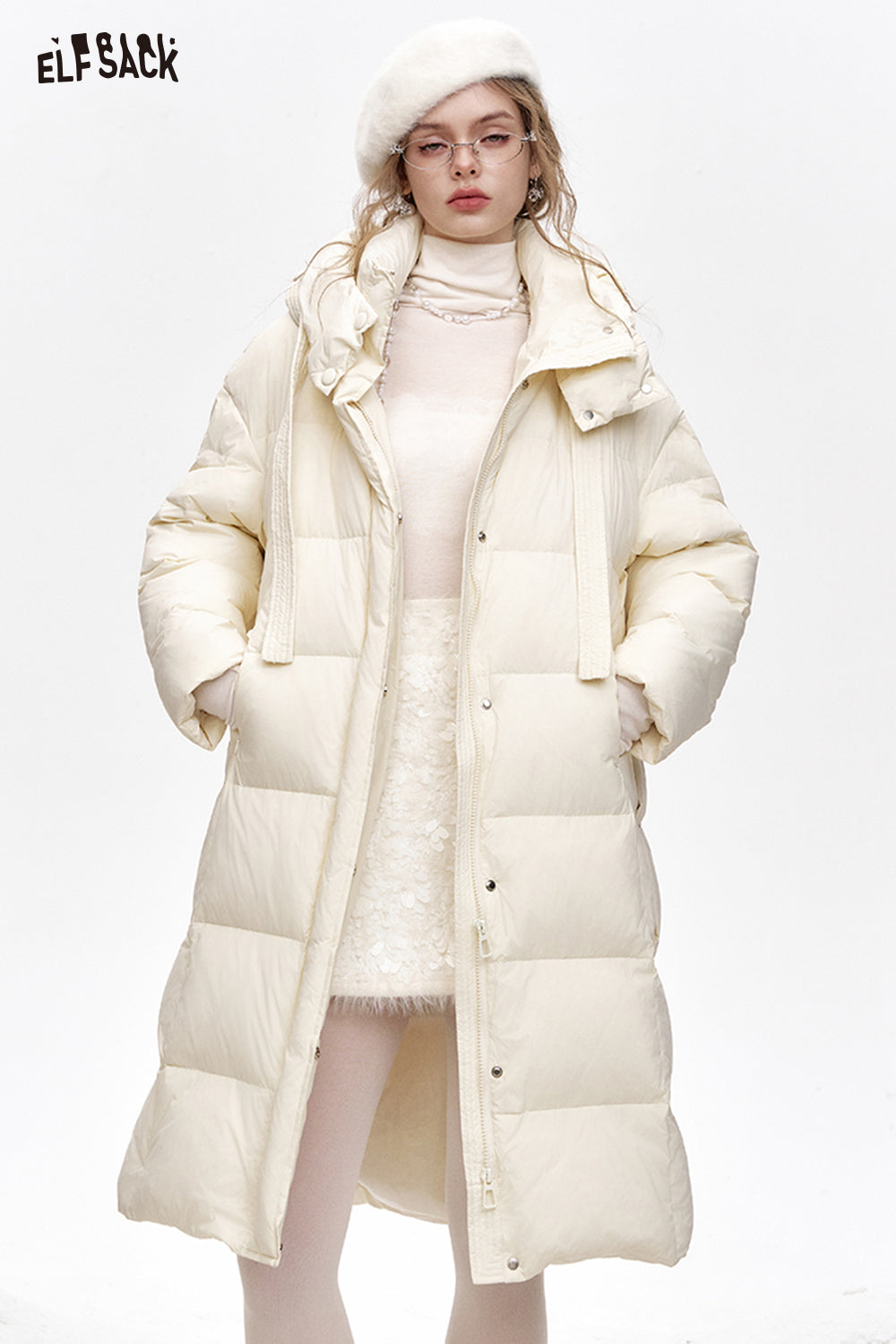 ELFSACK Simple and versatile hooded long loose down jacket
