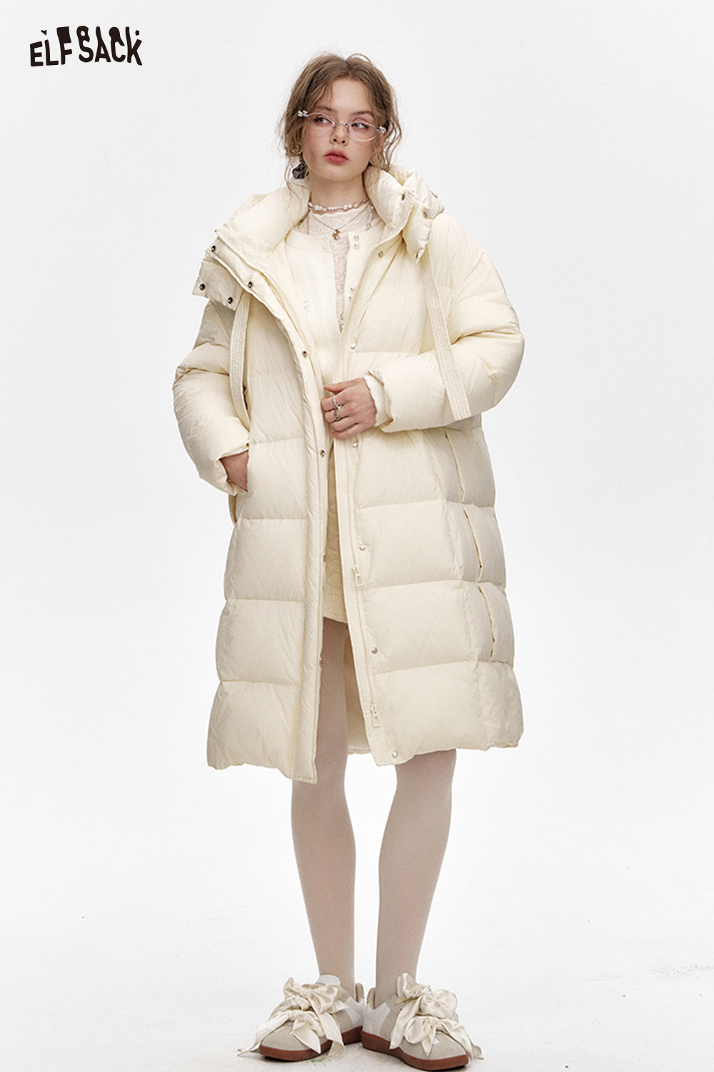ELFSACK Simple and versatile hooded long loose down jacket