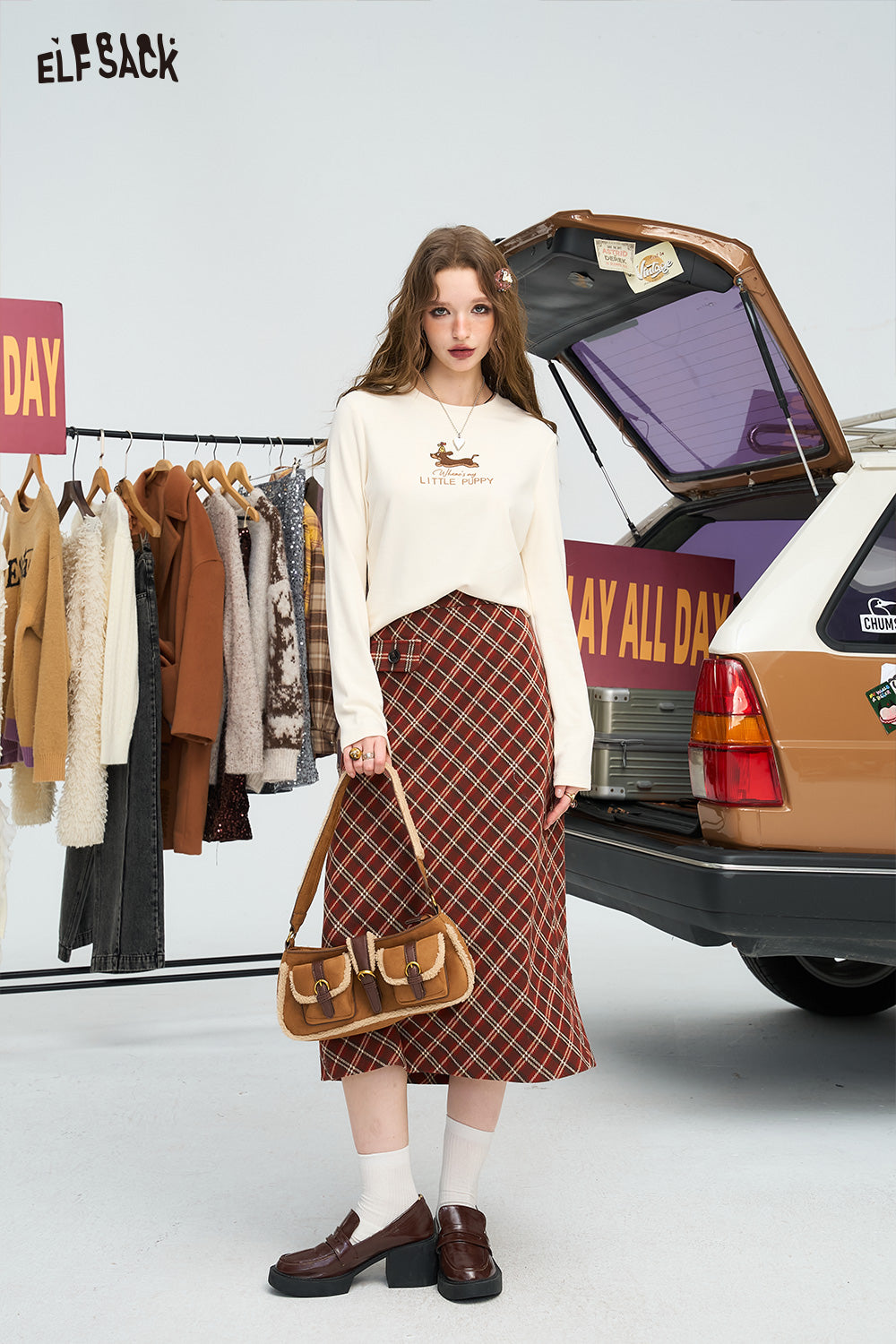 ELFSACK Retro plaid A-line skirt, sweet Preppy Style long skirt short skirt
