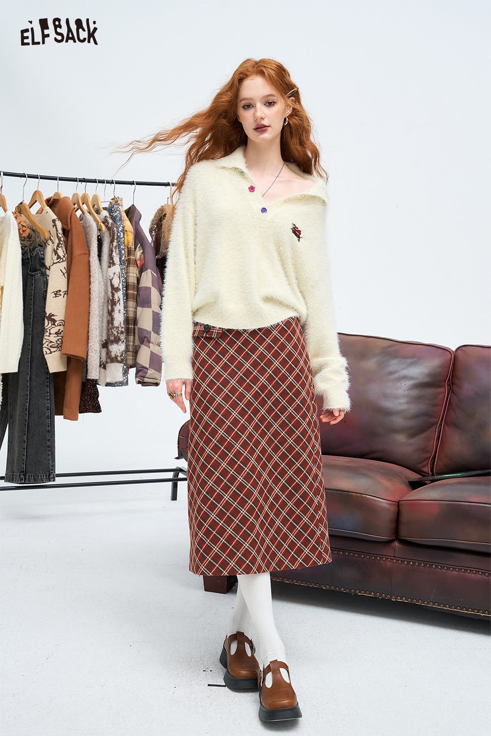ELFSACK Retro plaid A-line skirt, sweet Preppy Style long skirt short skirt