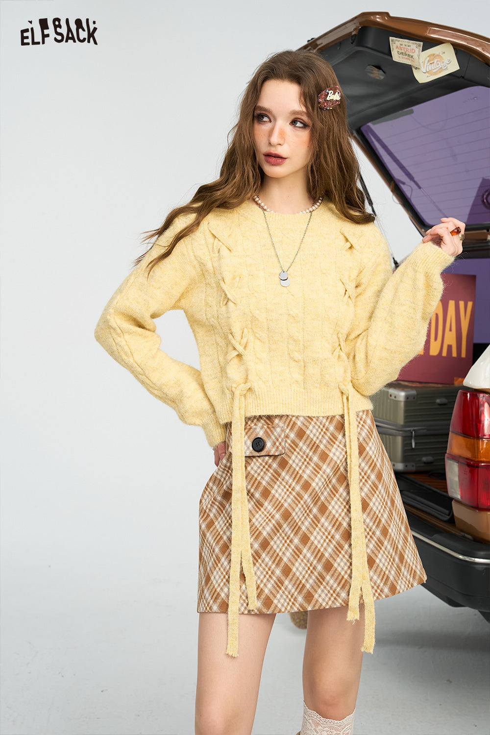 ELFSACK Retro plaid A-line skirt, sweet Preppy Style long skirt short skirt