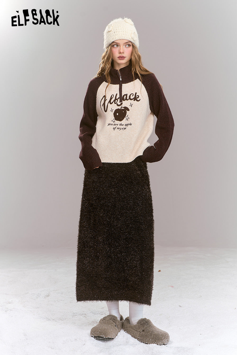 ELFSACK Retro Glitter Feather Yarn Coffee Color Straight Long Skirt