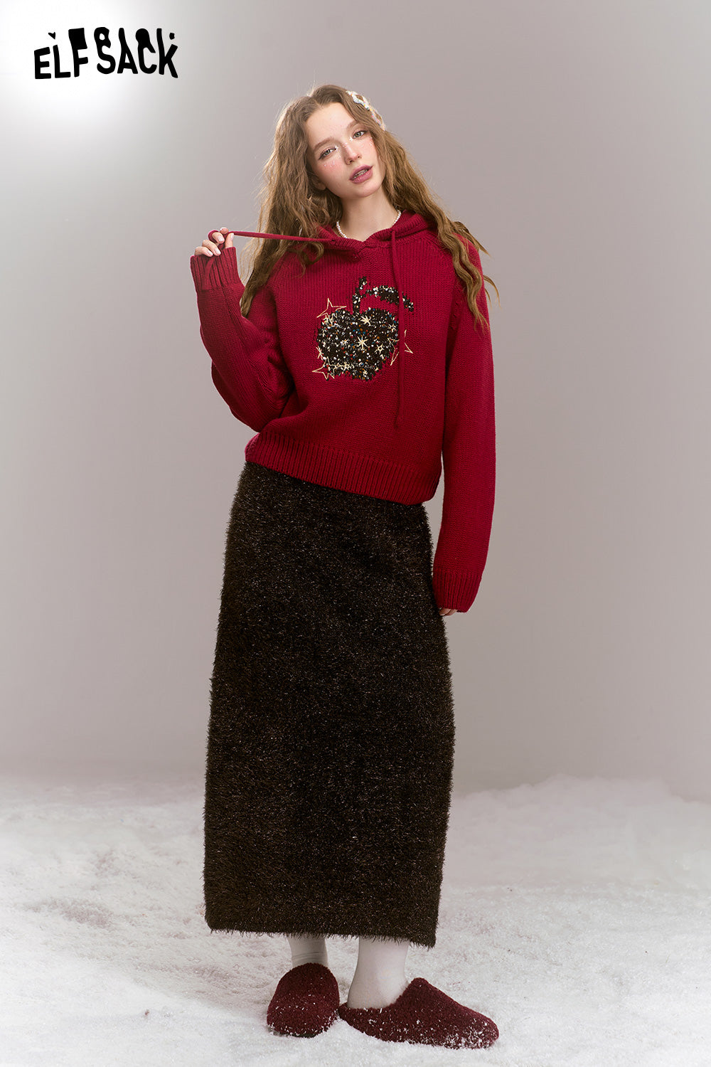 ELFSACK Retro Glitter Feather Yarn Coffee Color Straight Long Skirt