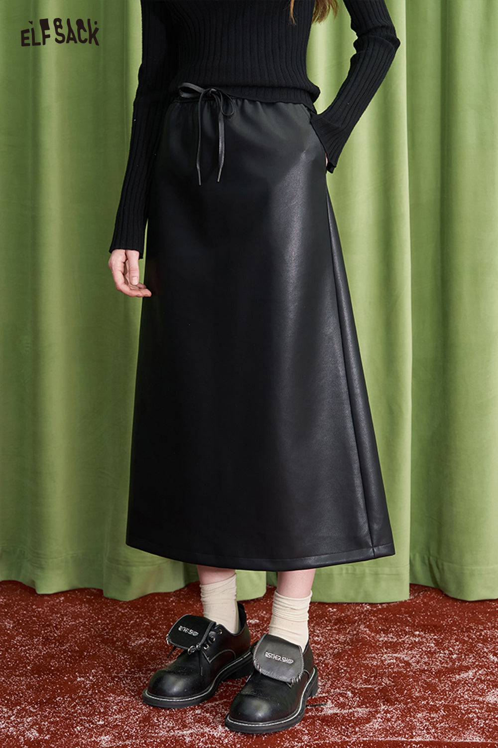 ELFSACK High waist A-line PU leather long skirt
