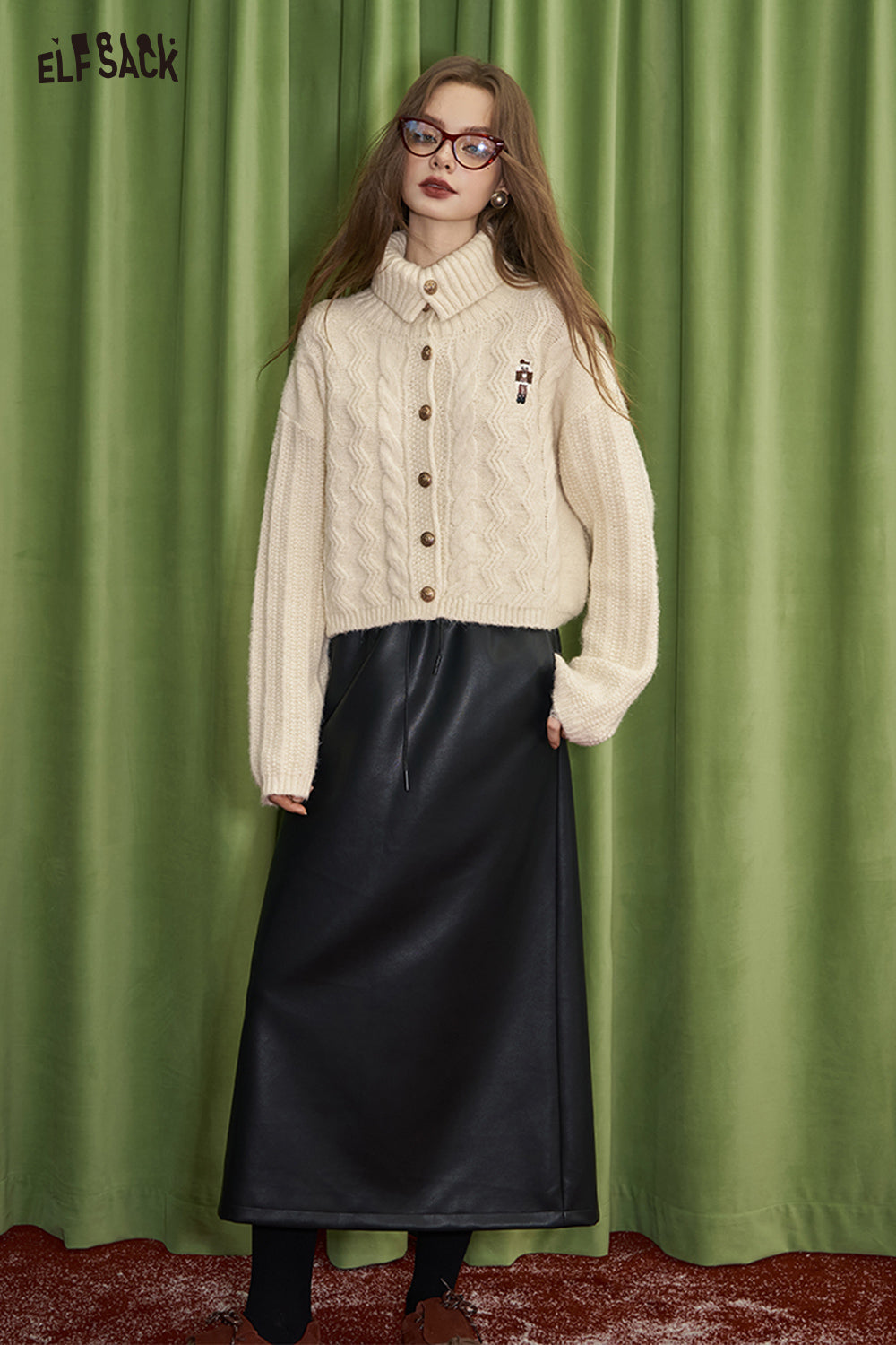 ELFSACK High waist A-line PU leather long skirt