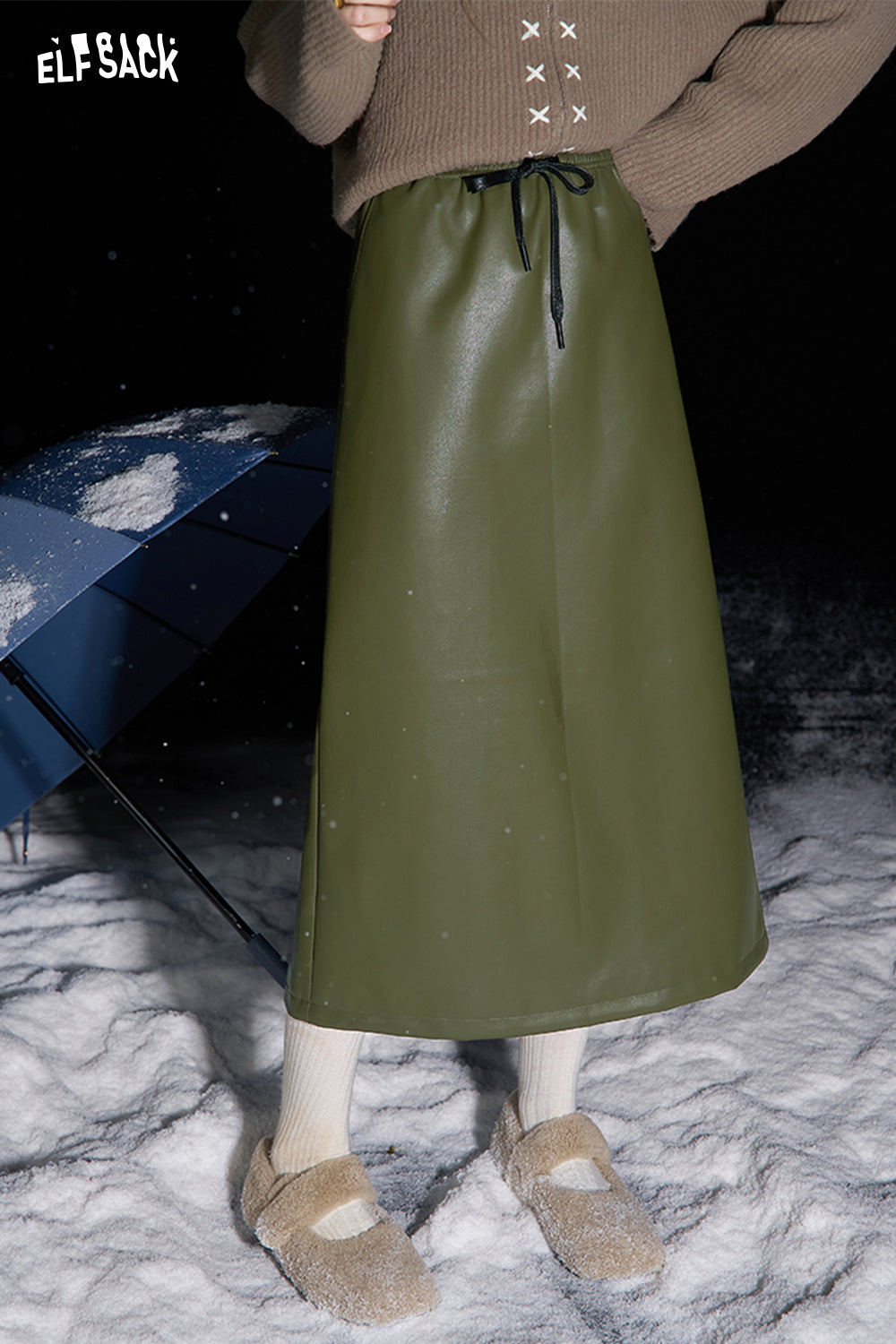 ELFSACK High waist A-line PU leather long skirt