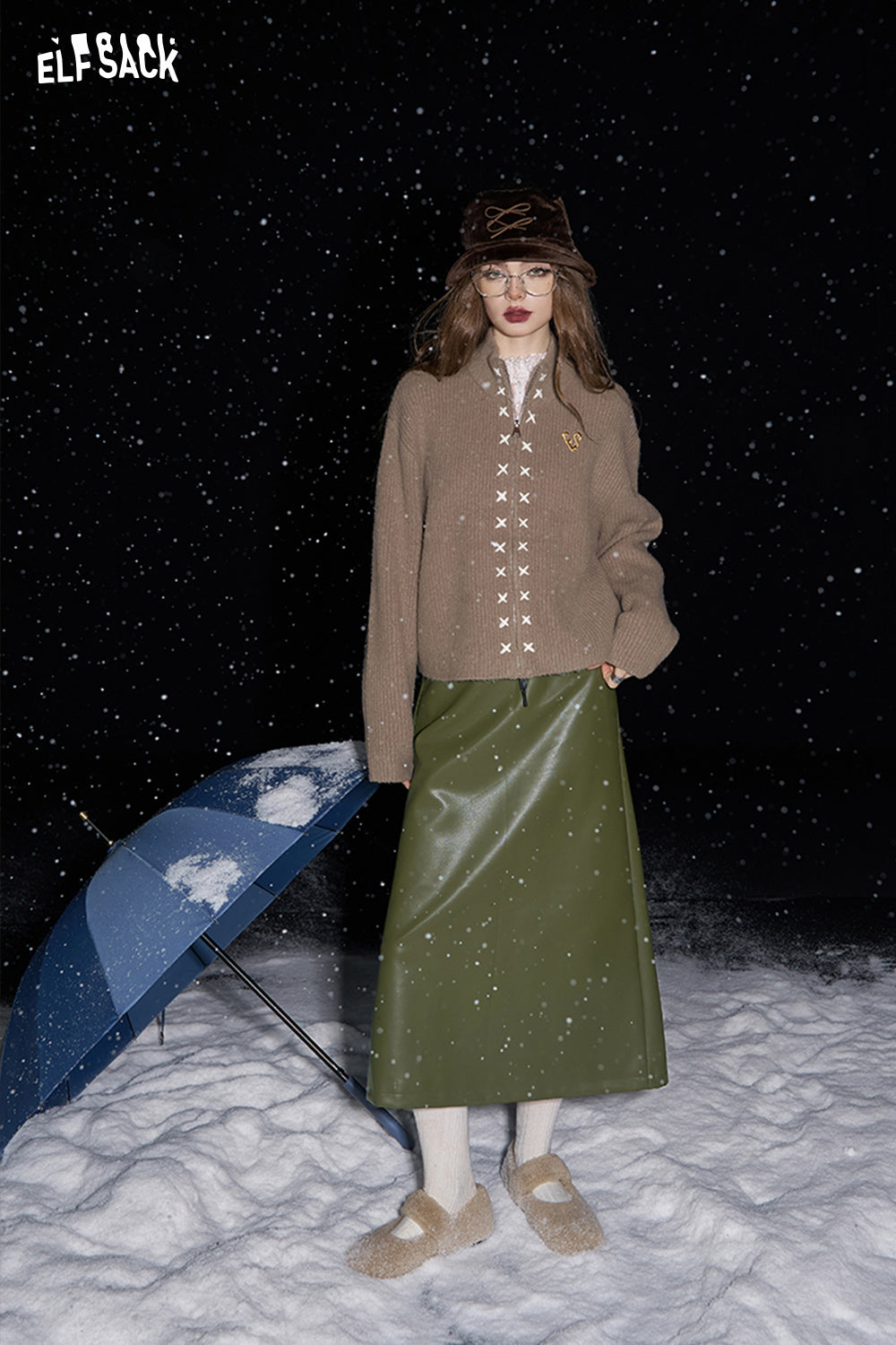 ELFSACK High waist A-line PU leather long skirt