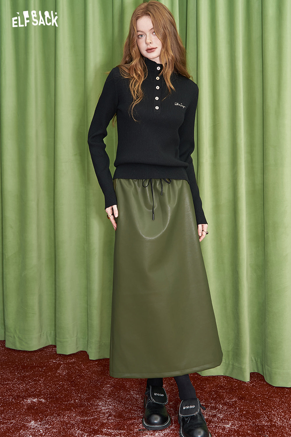 ELFSACK High waist A-line PU leather long skirt