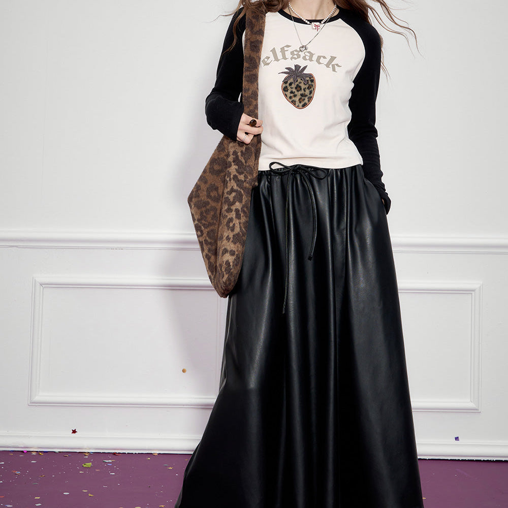 ELFSACK 2024 Winter New Arrivals Retro black large hem pu long A-line skirt for women