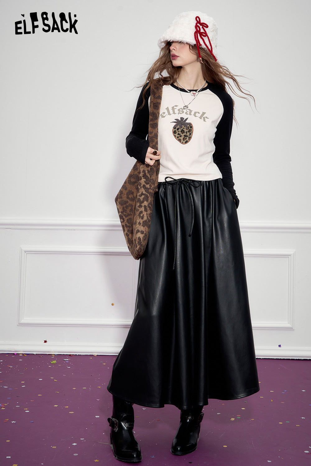 ELFSACK 2024 Winter New Arrivals Retro black large hem pu long A-line skirt for women