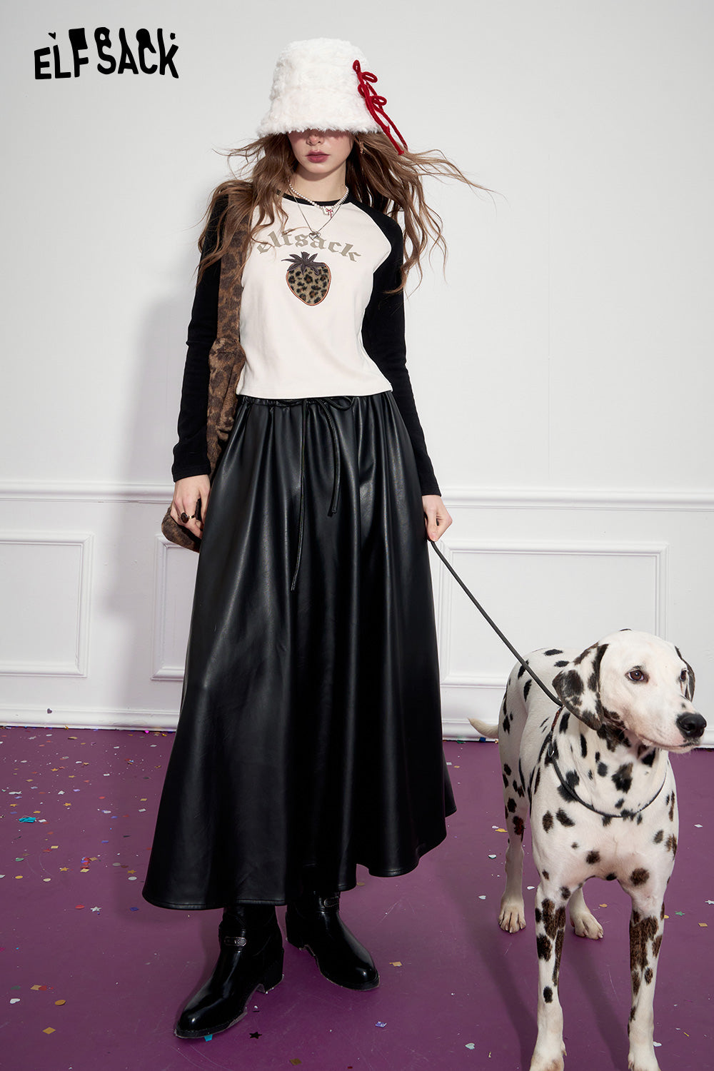 ELFSACK Retro black large hem pu long A-line skirt