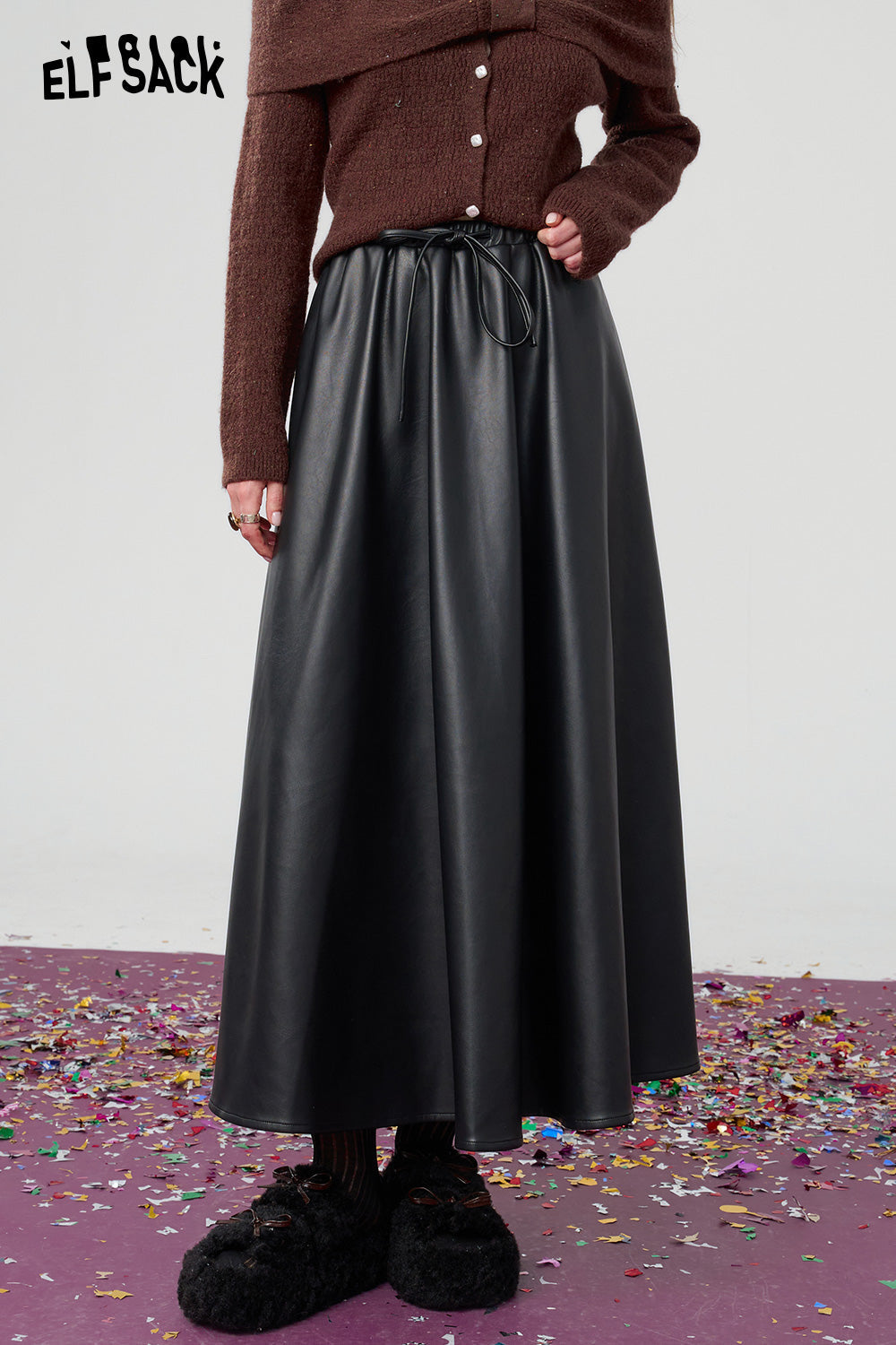 ELFSACK Retro black large hem pu long A-line skirt