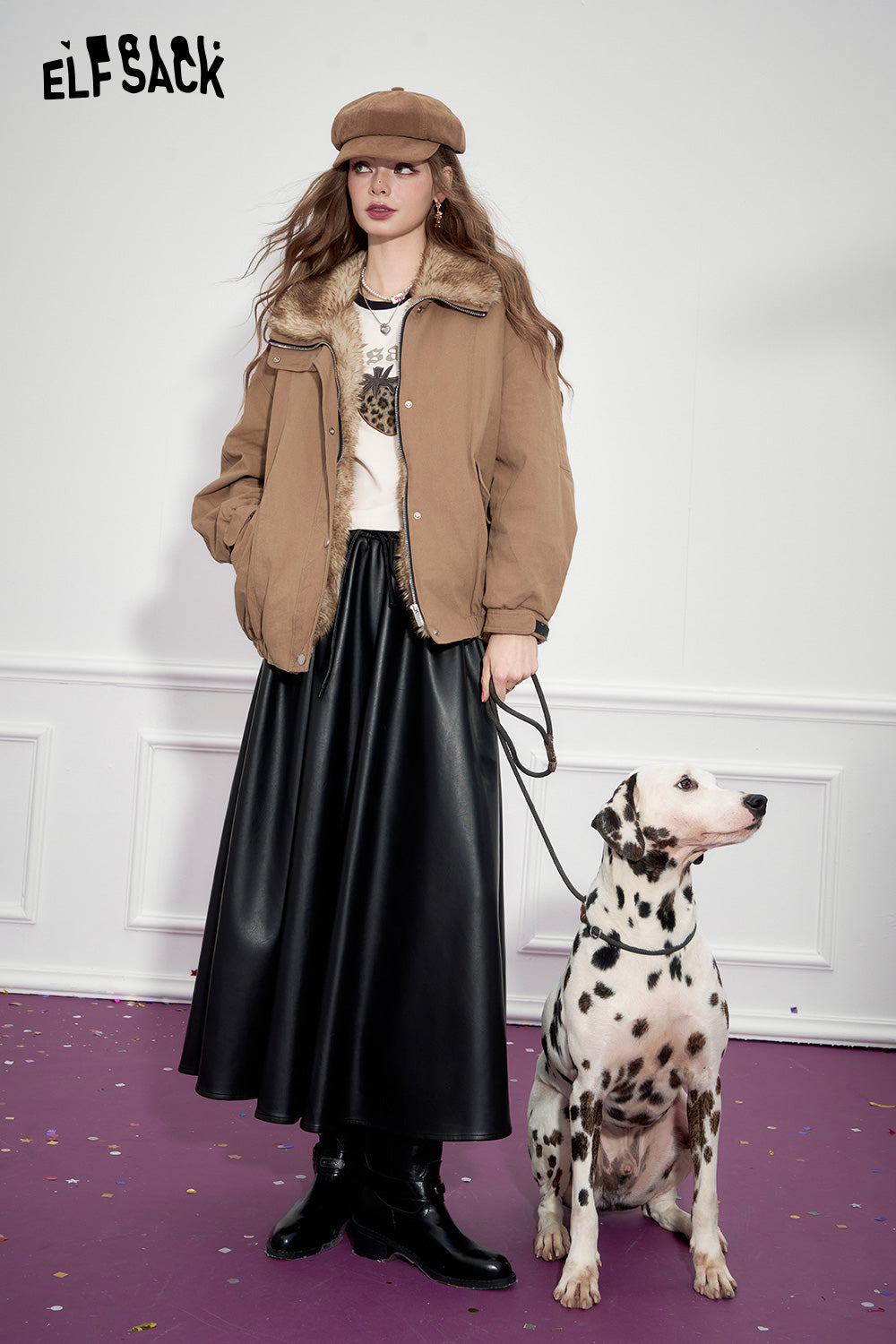 ELFSACK Retro black large hem pu long A-line skirt