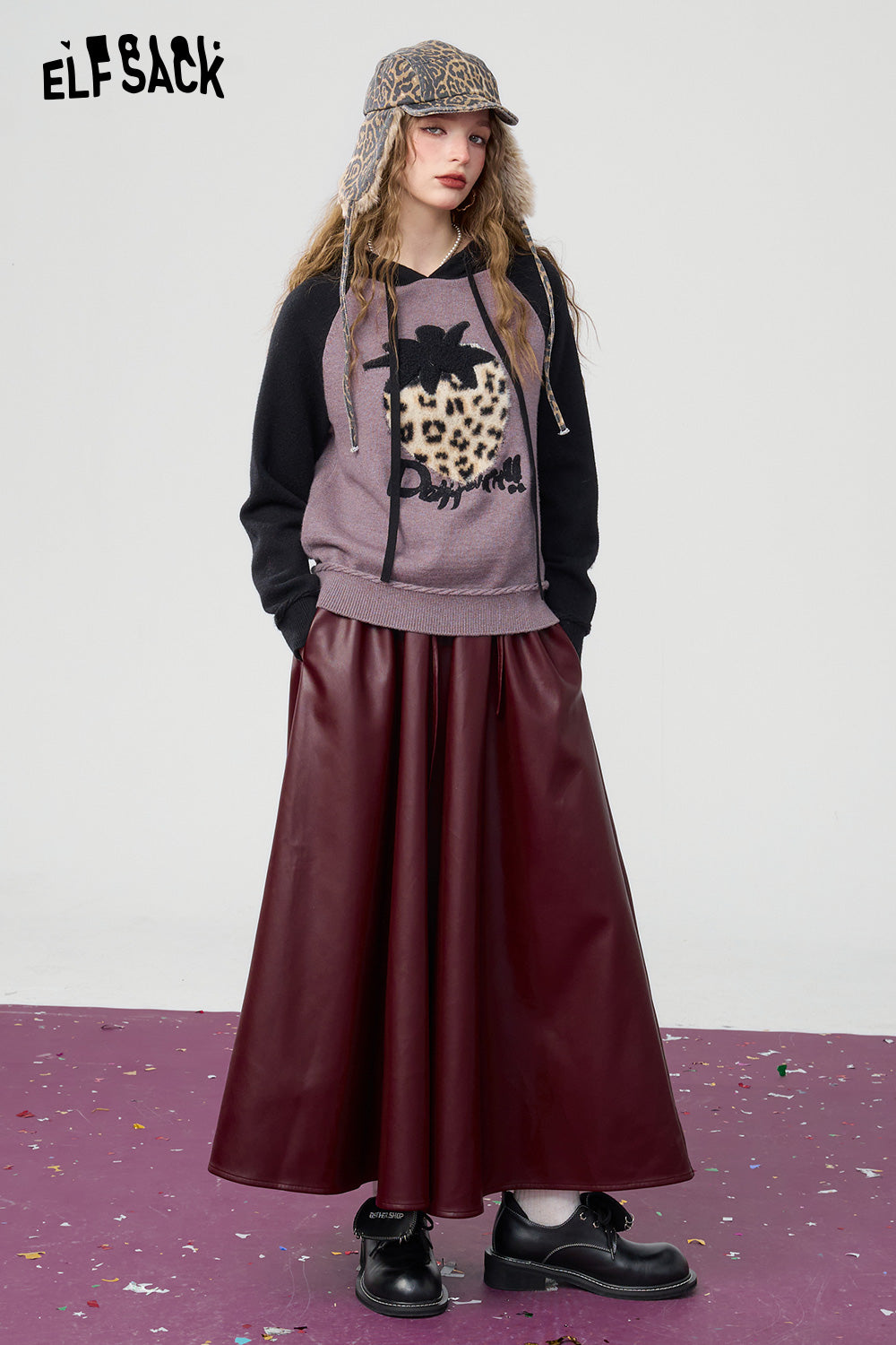 ELFSACK Retro black large hem pu long A-line skirt