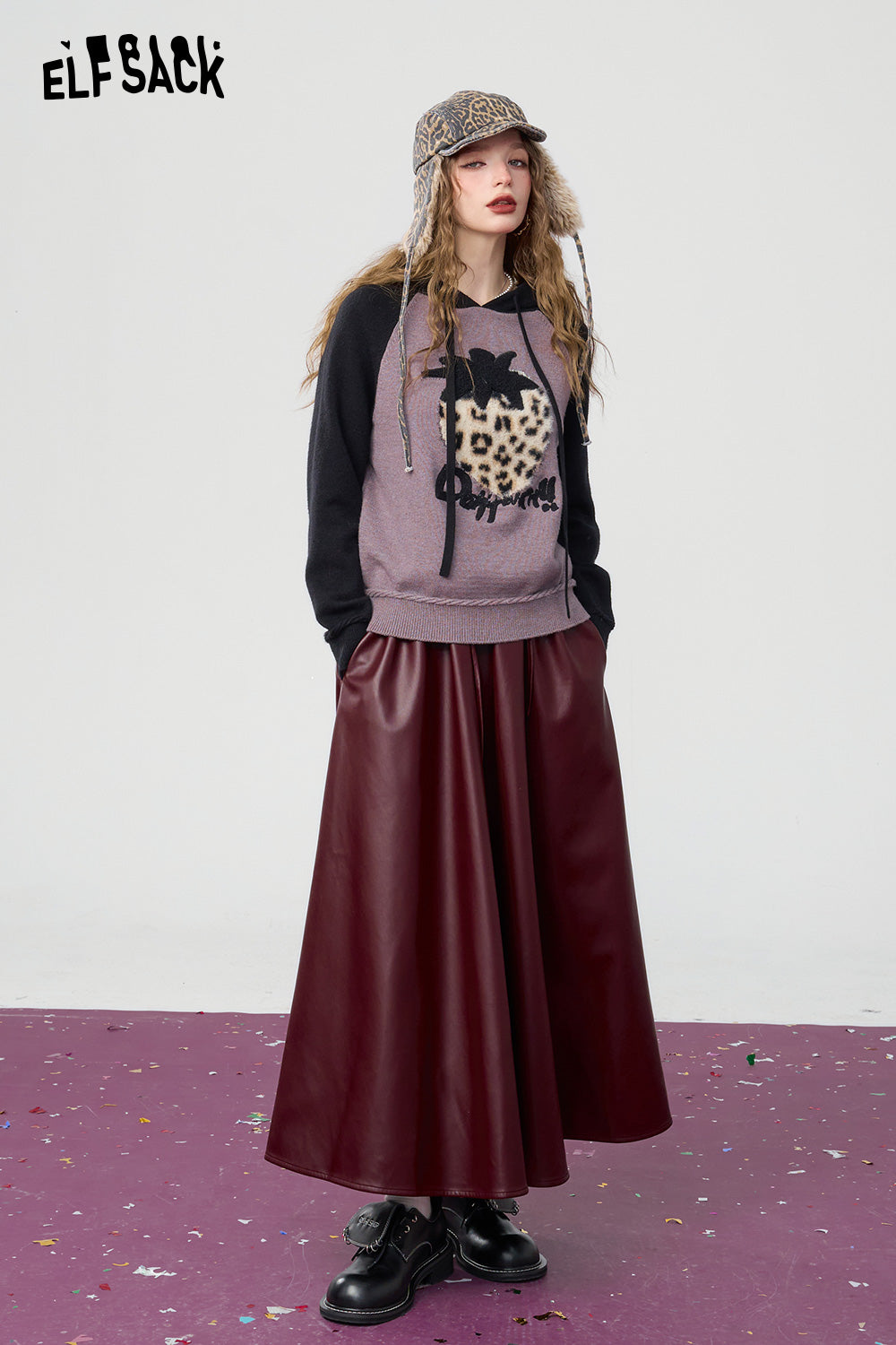 ELFSACK Retro black large hem pu long A-line skirt