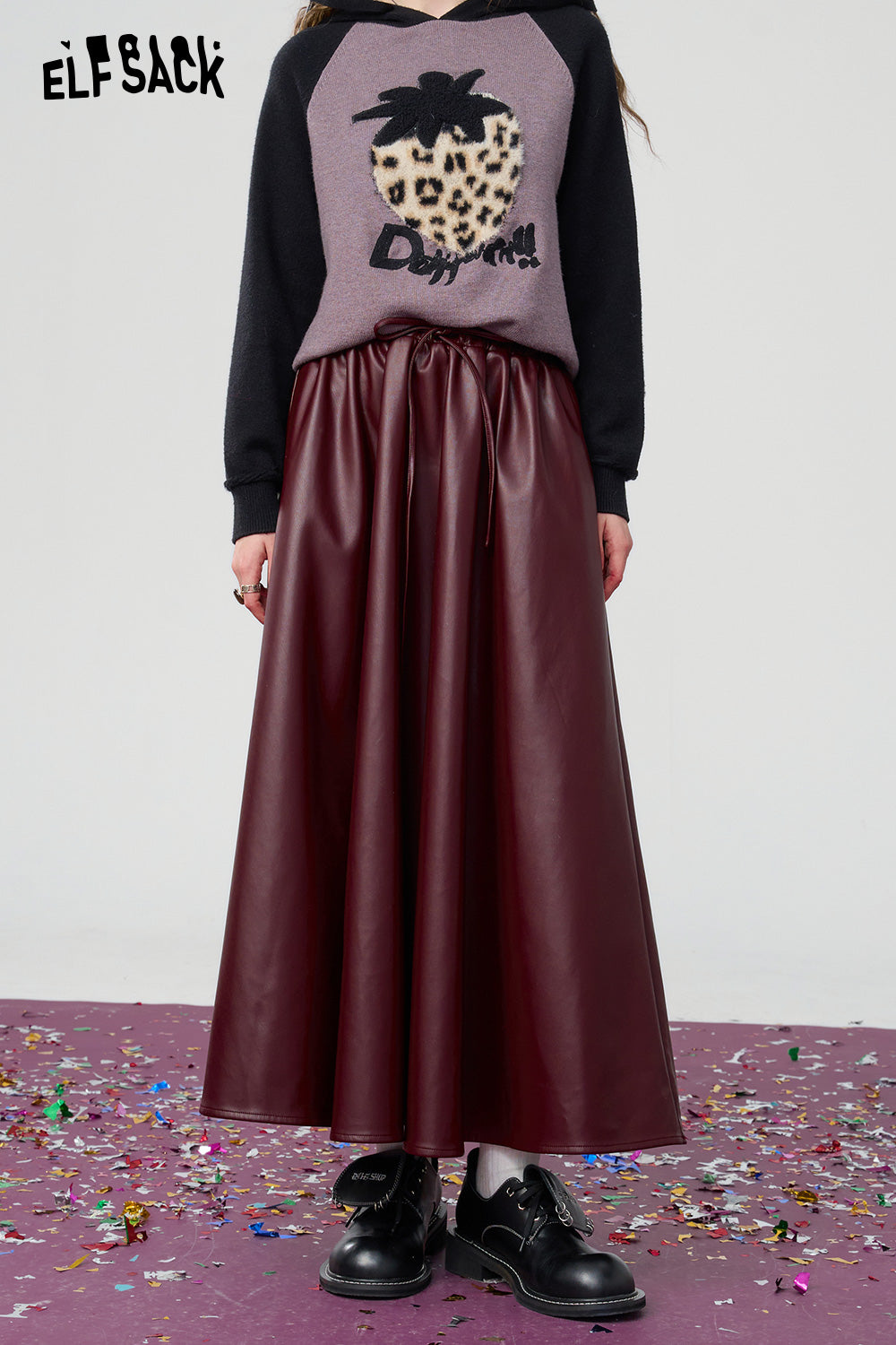 ELFSACK Retro black large hem pu long A-line skirt