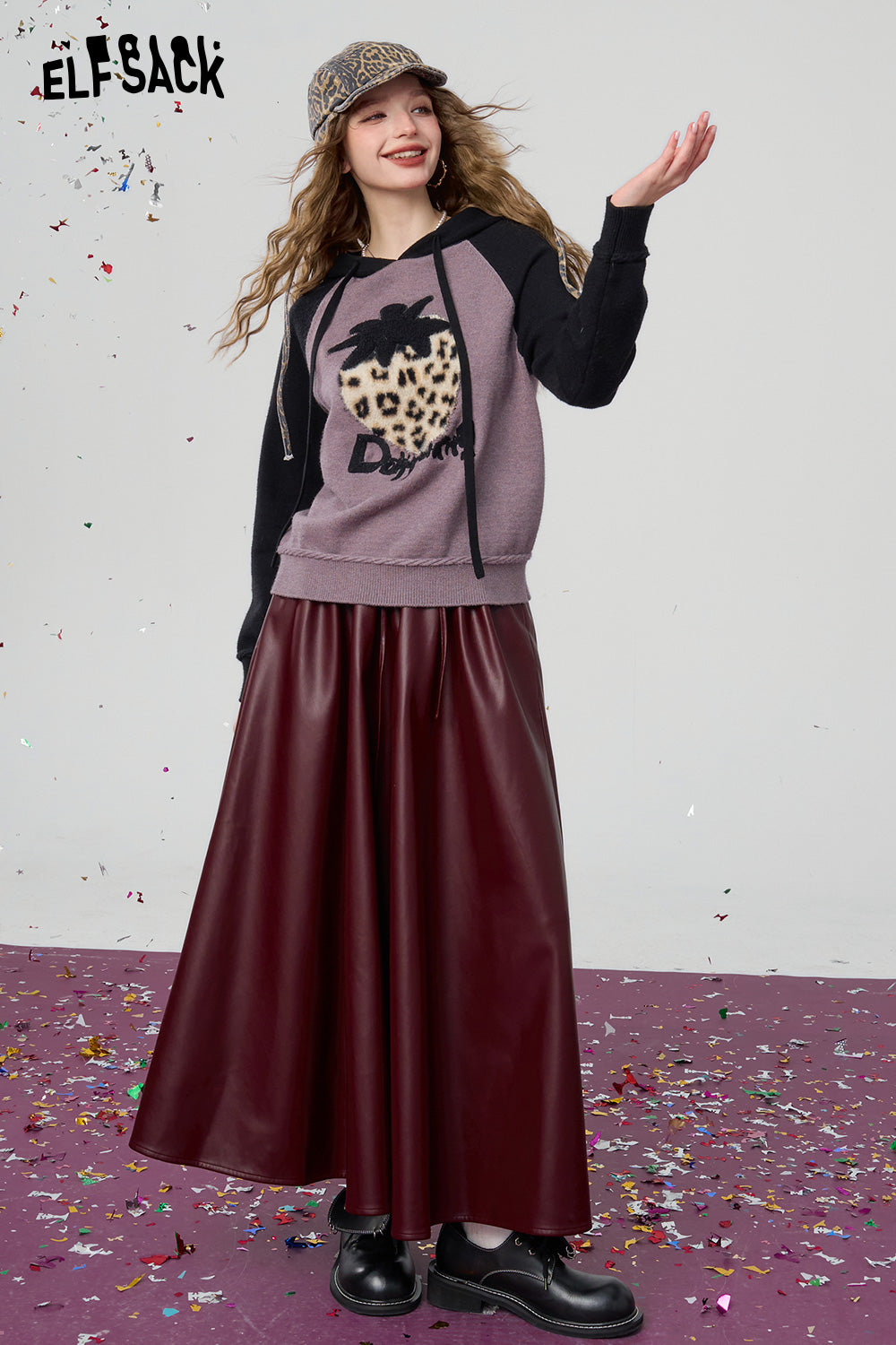 ELFSACK Retro black large hem pu long A-line skirt