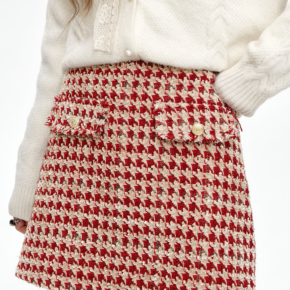 ELFSACK 2024 Winter New Arrivals Red plaid tweed skirt women