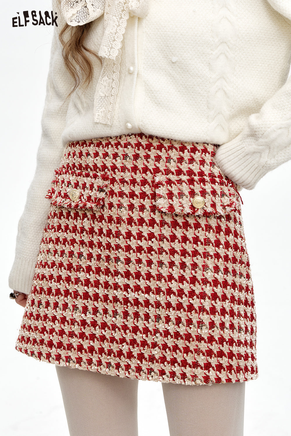 ELFSACK 2024 Winter New Arrivals Red plaid tweed skirt women