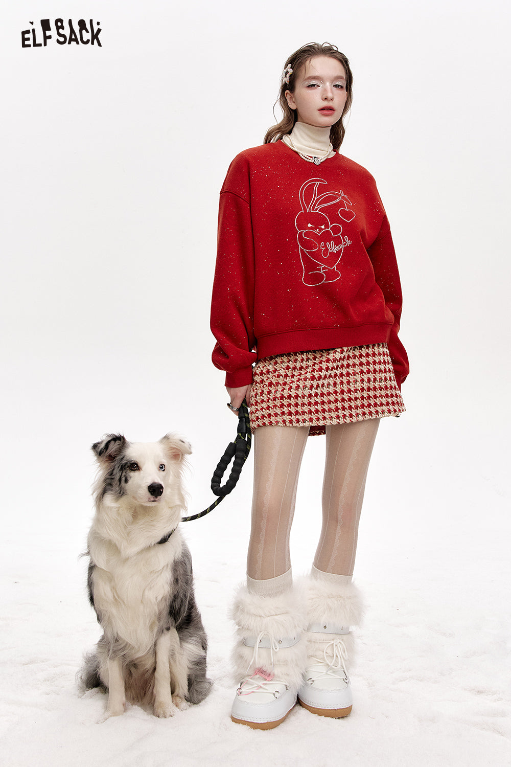 ELFSACK Red plaid tweed skirt women