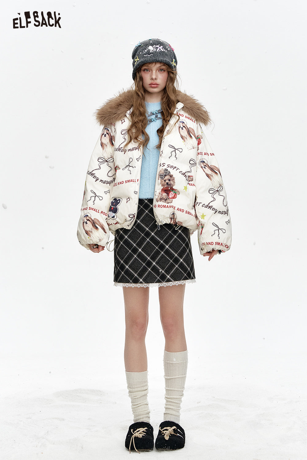 ELFSACK Lace stitching gray plaid short A-line skirt