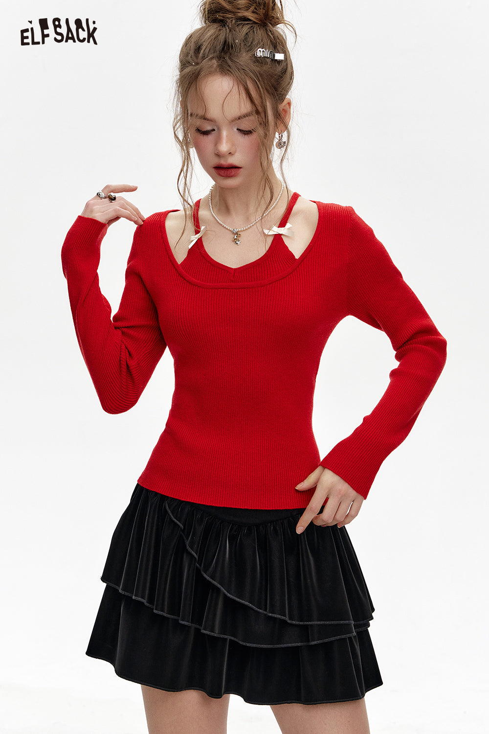 ELFSACK PU short multi-layer cake skirt