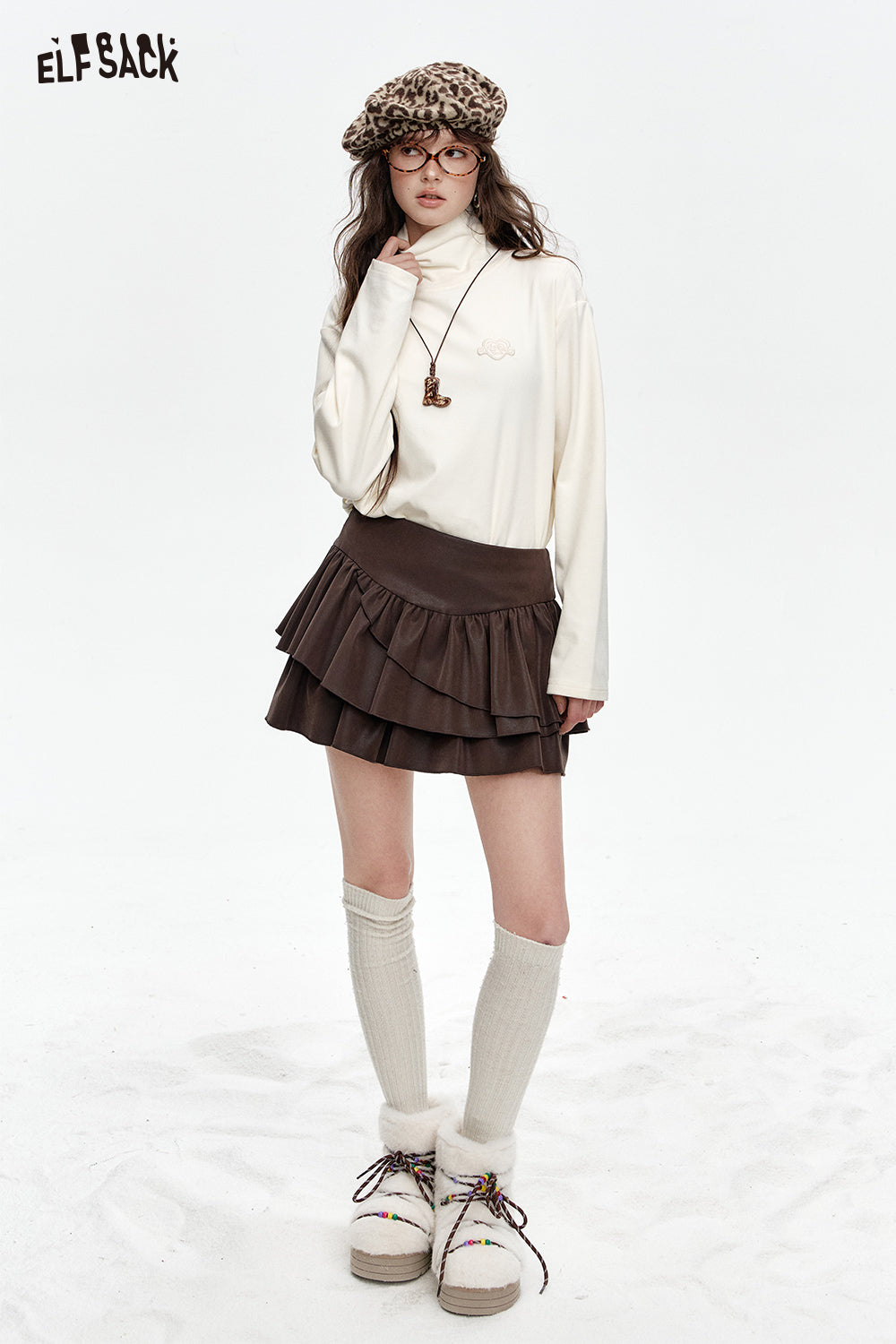 ELFSACK PU short multi-layer cake skirt