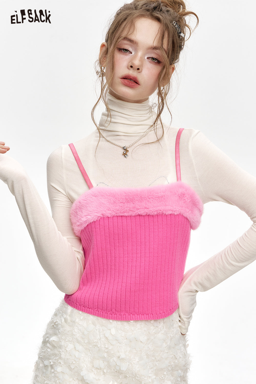 ELFSACK Women's faux plush stitching knitted vest