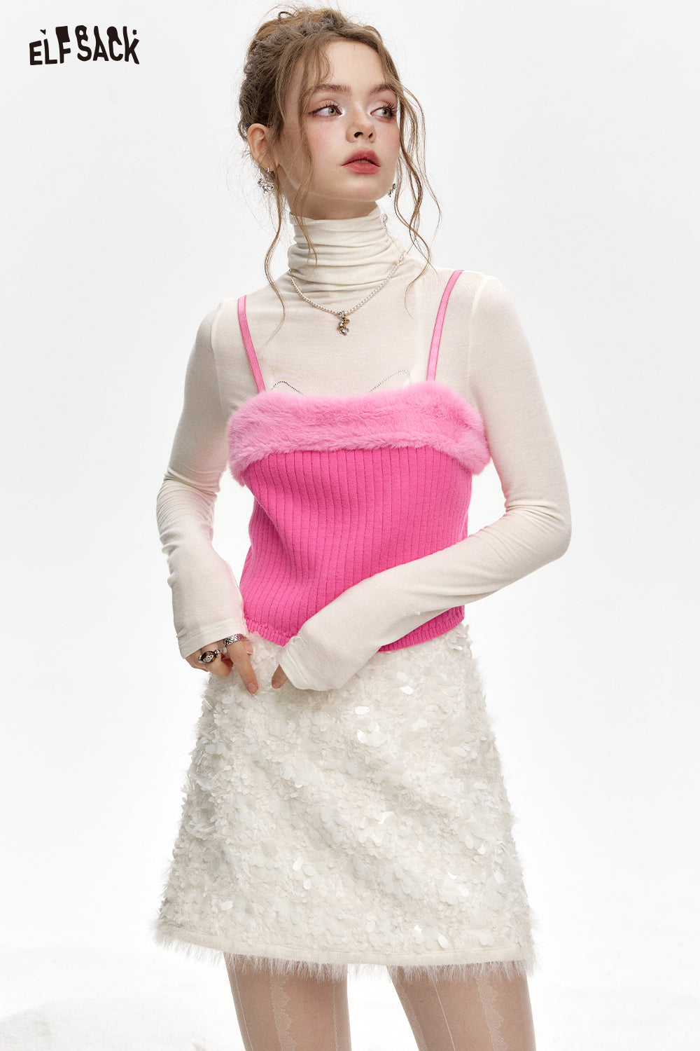 ELFSACK Women's faux plush stitching knitted vest