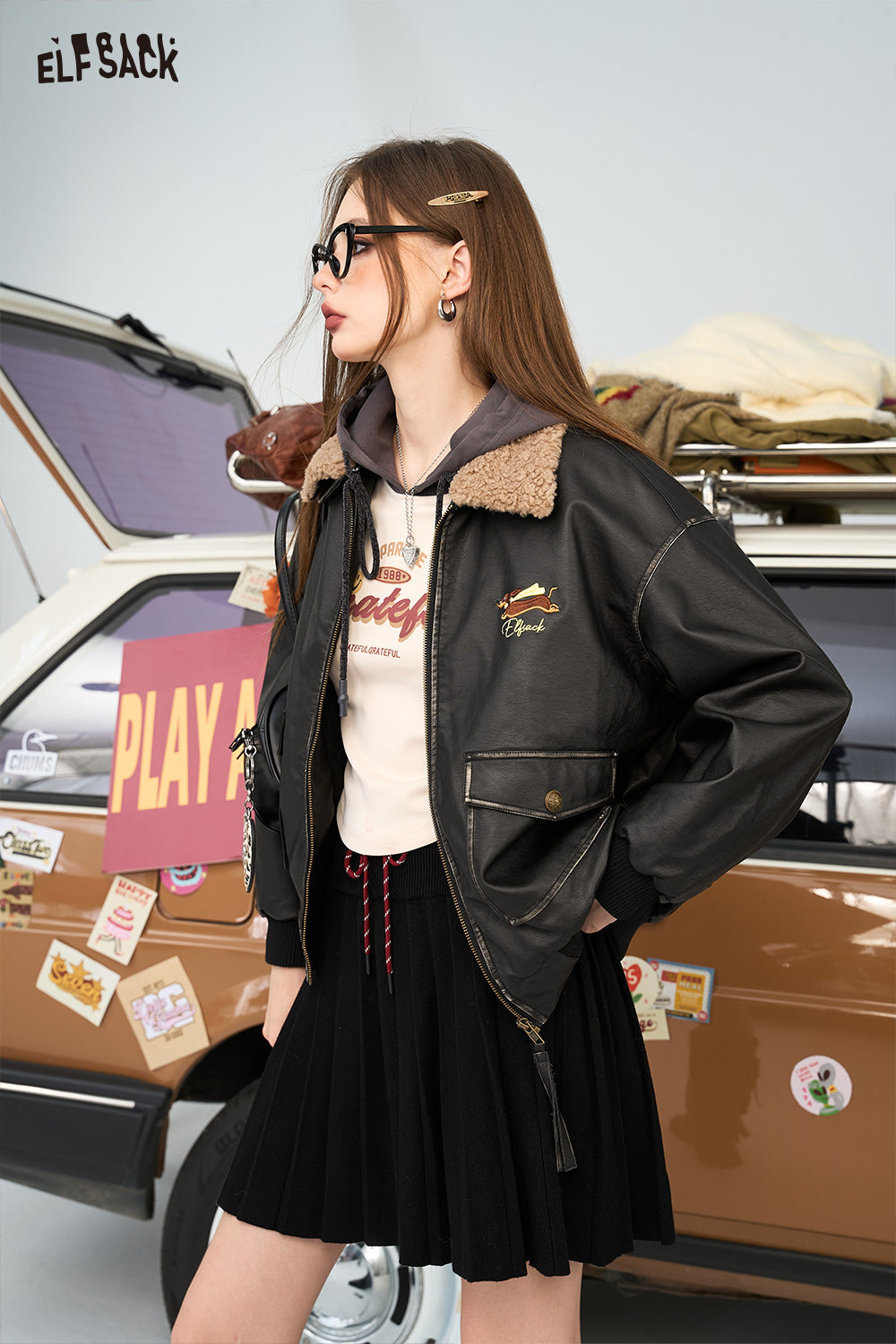 ELFSACK Dog embroidery retro street black PU leather jacket