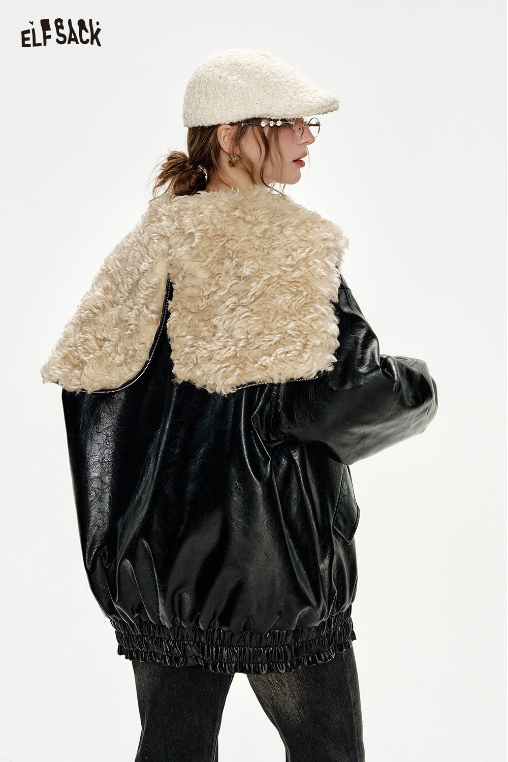ELFSACK PU Black Large Faux Fur Collar Horn Button Leather Jacket