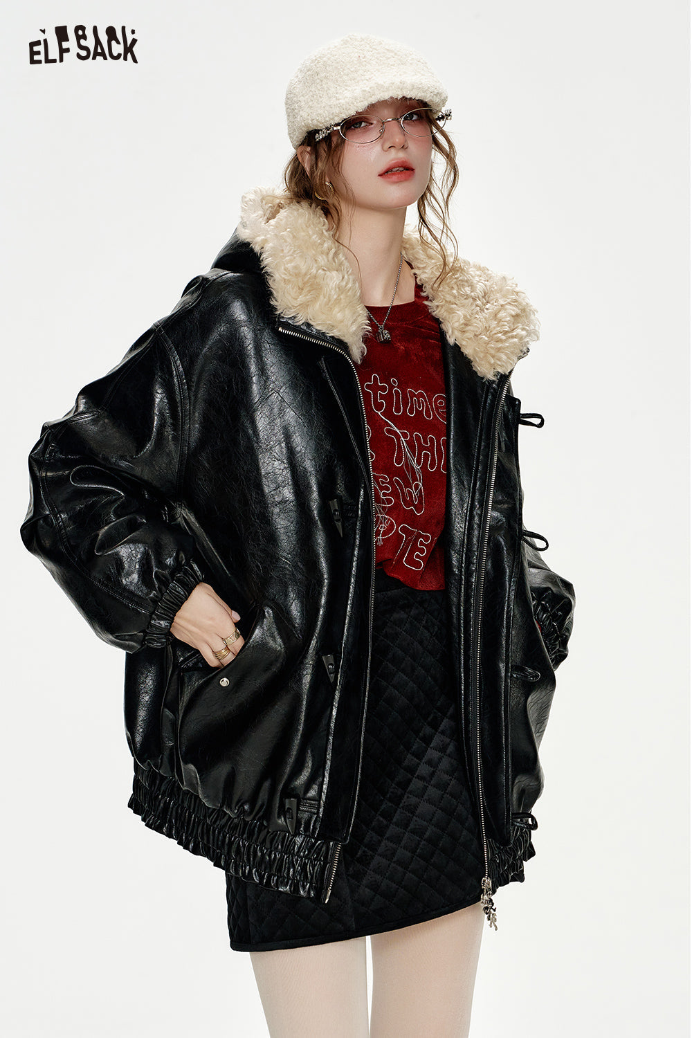 ELFSACK PU Black Large Faux Fur Collar Horn Button Leather Jacket