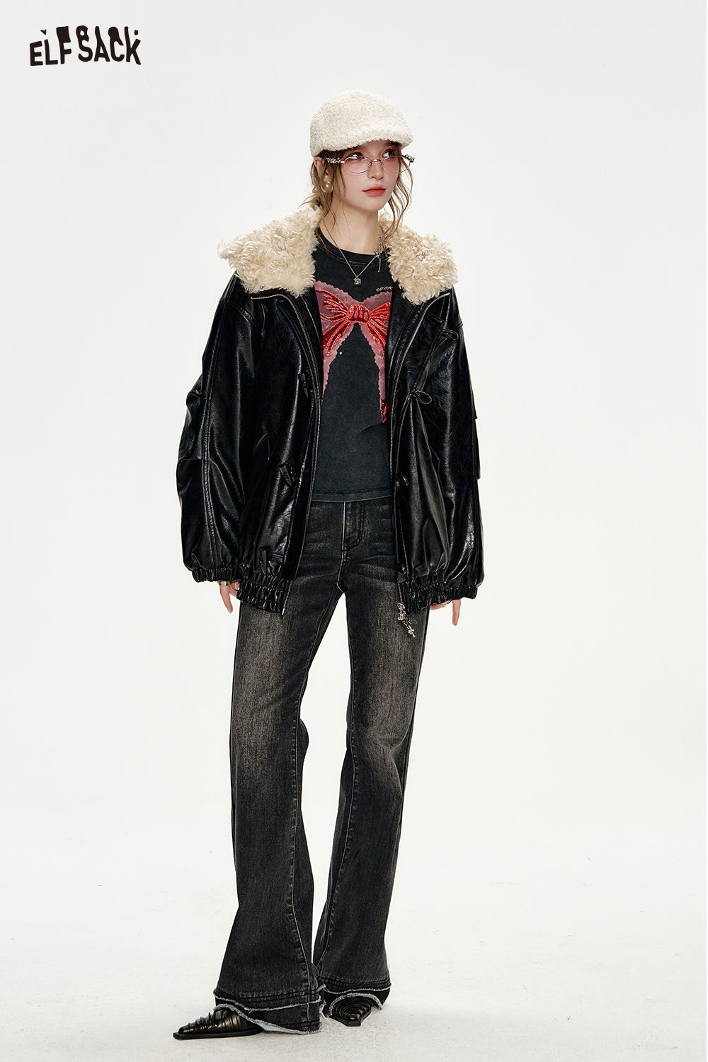ELFSACK PU Black Large Faux Fur Collar Horn Button Leather Jacket