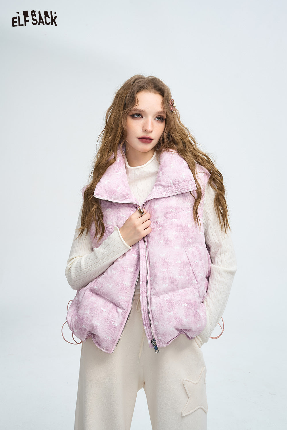 ELFSACK Butterfly knot full print loose casual down vest
